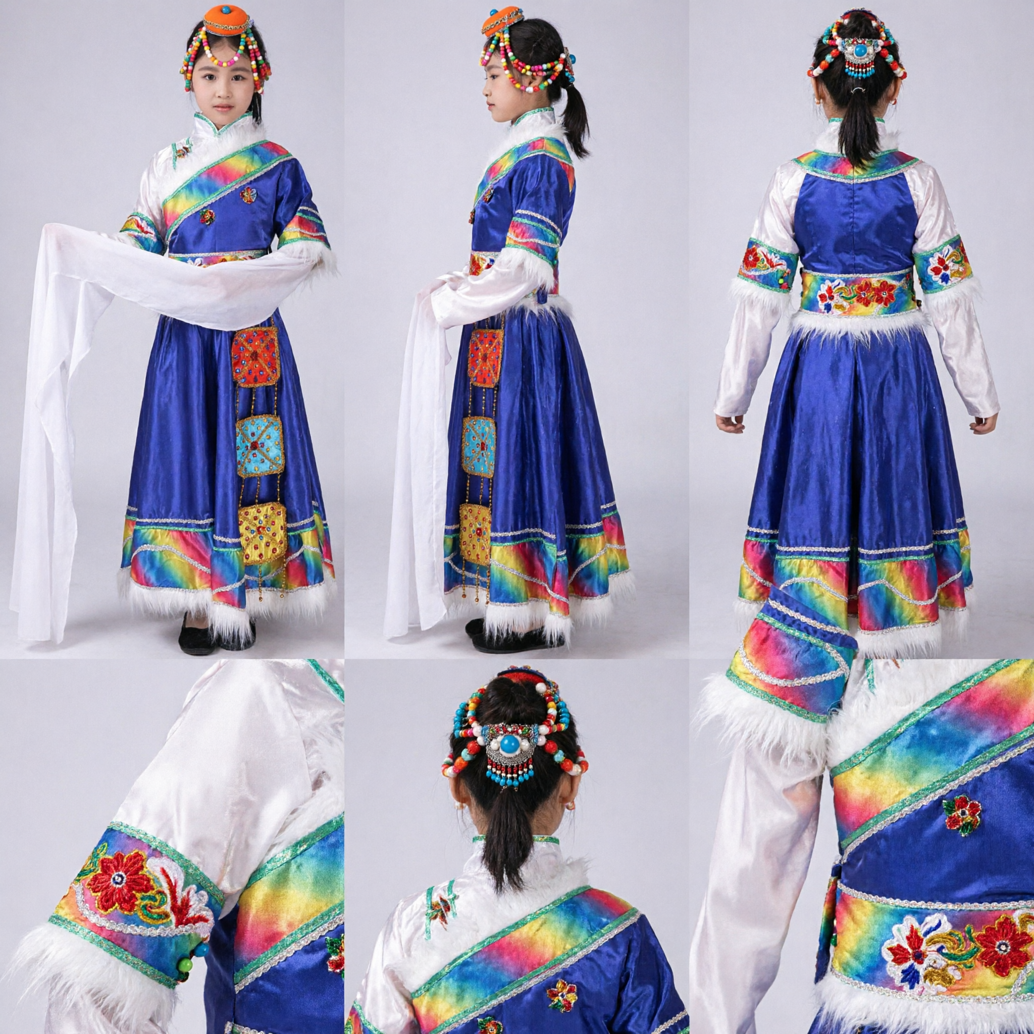 Traditional Tibetan Costume for Kids Blue Silk Folk Dance Dress with Rainbow Trim and Water Sleeves