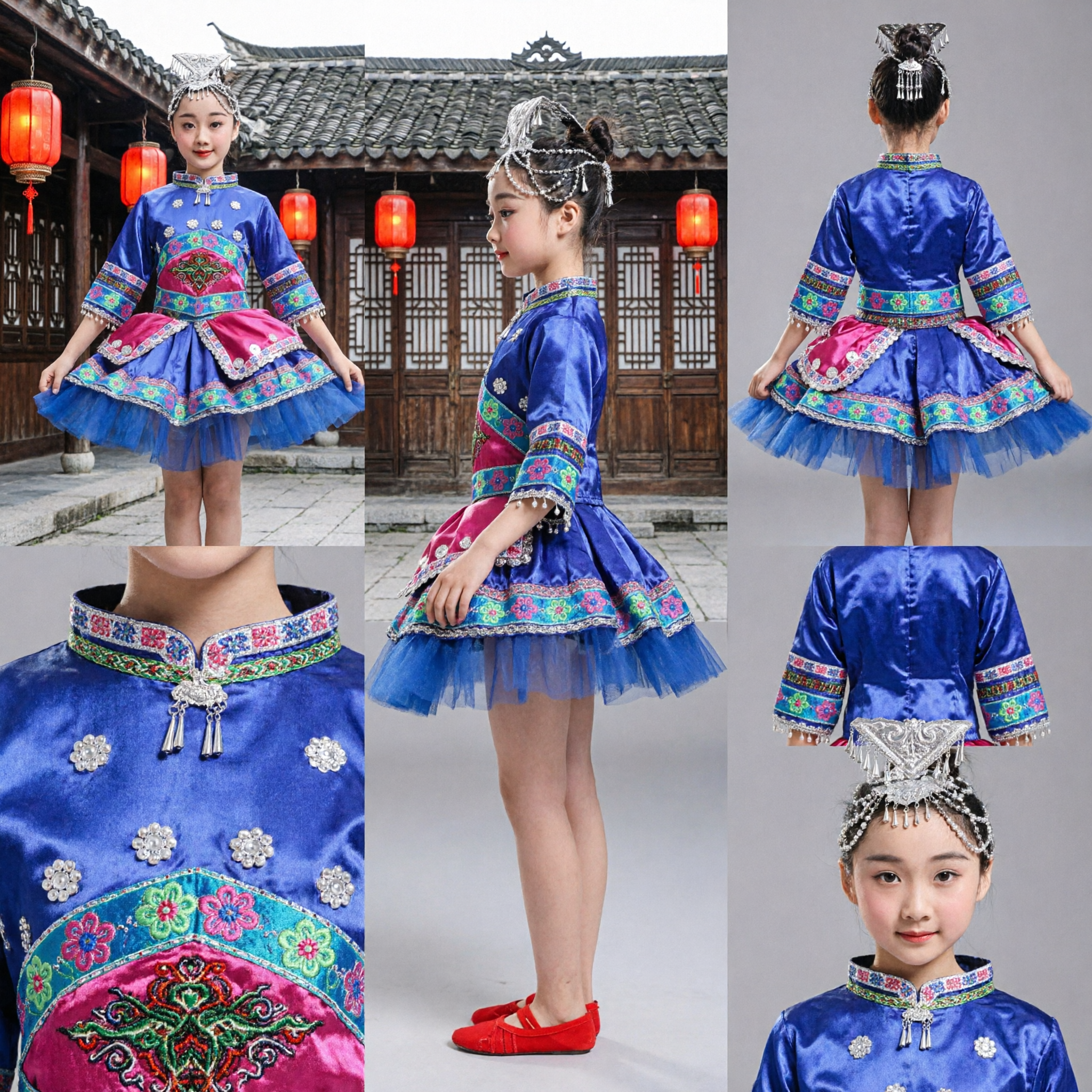 Chinese Miao Ethnic Minority Dance Costume for Girls Blue Satin Dress with Silver Headdress for Stage Performance