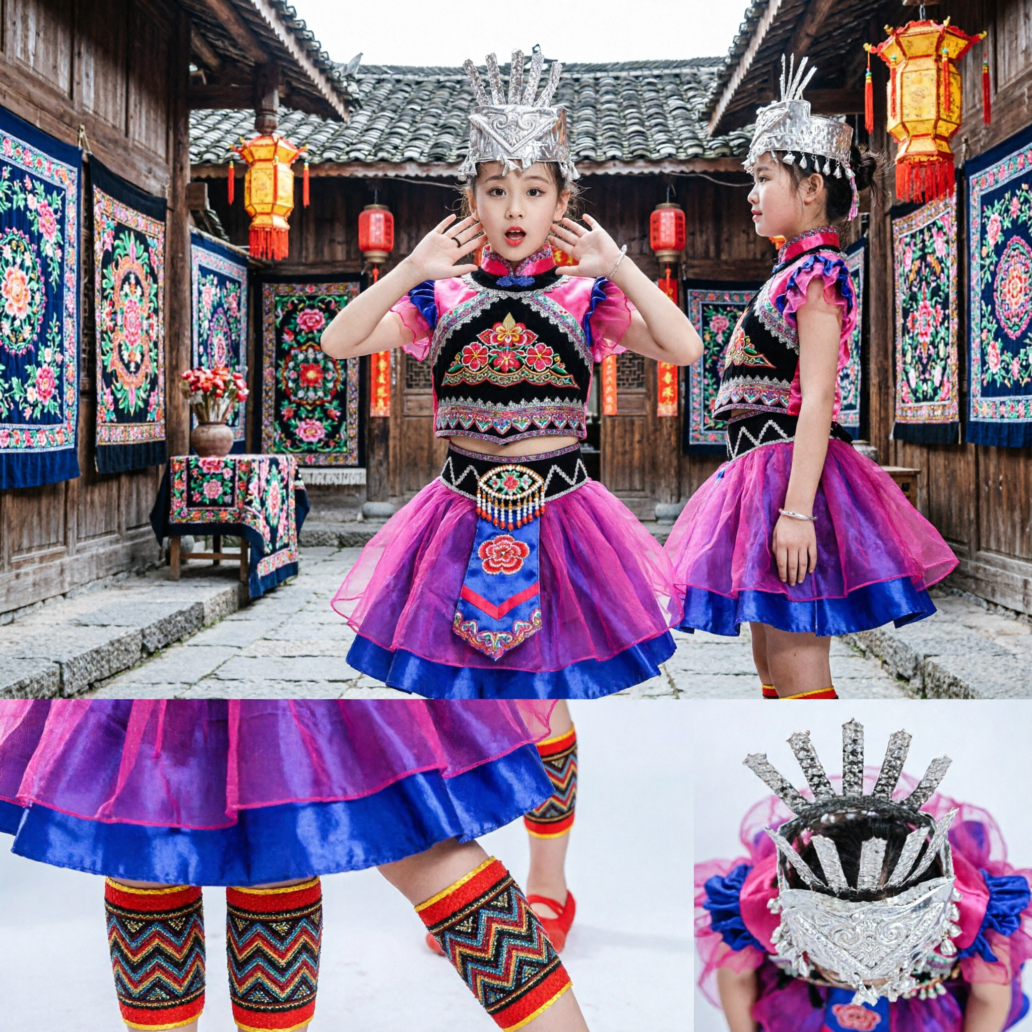 Girls Chinese Miao Minority Dance Costume Kids Traditional Ethnic Folk Stage Performance Outfit