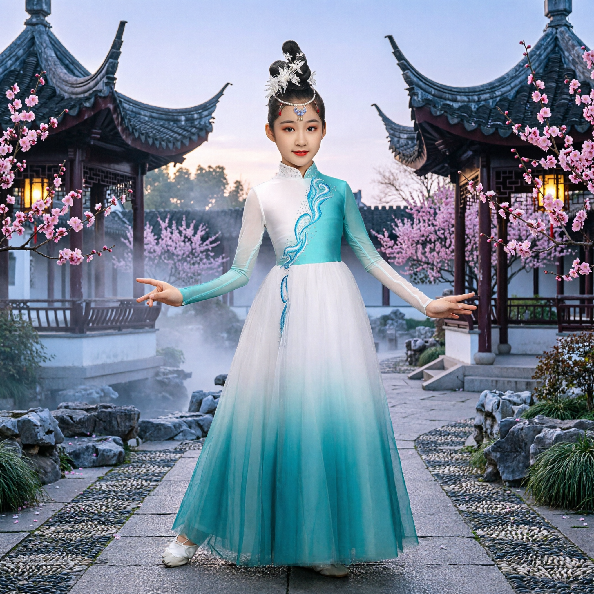 Kids Chinese Classical Dance Costume Teal Gradient Yangge Dress Traditional Hanfu Style Stage Performance Outfit