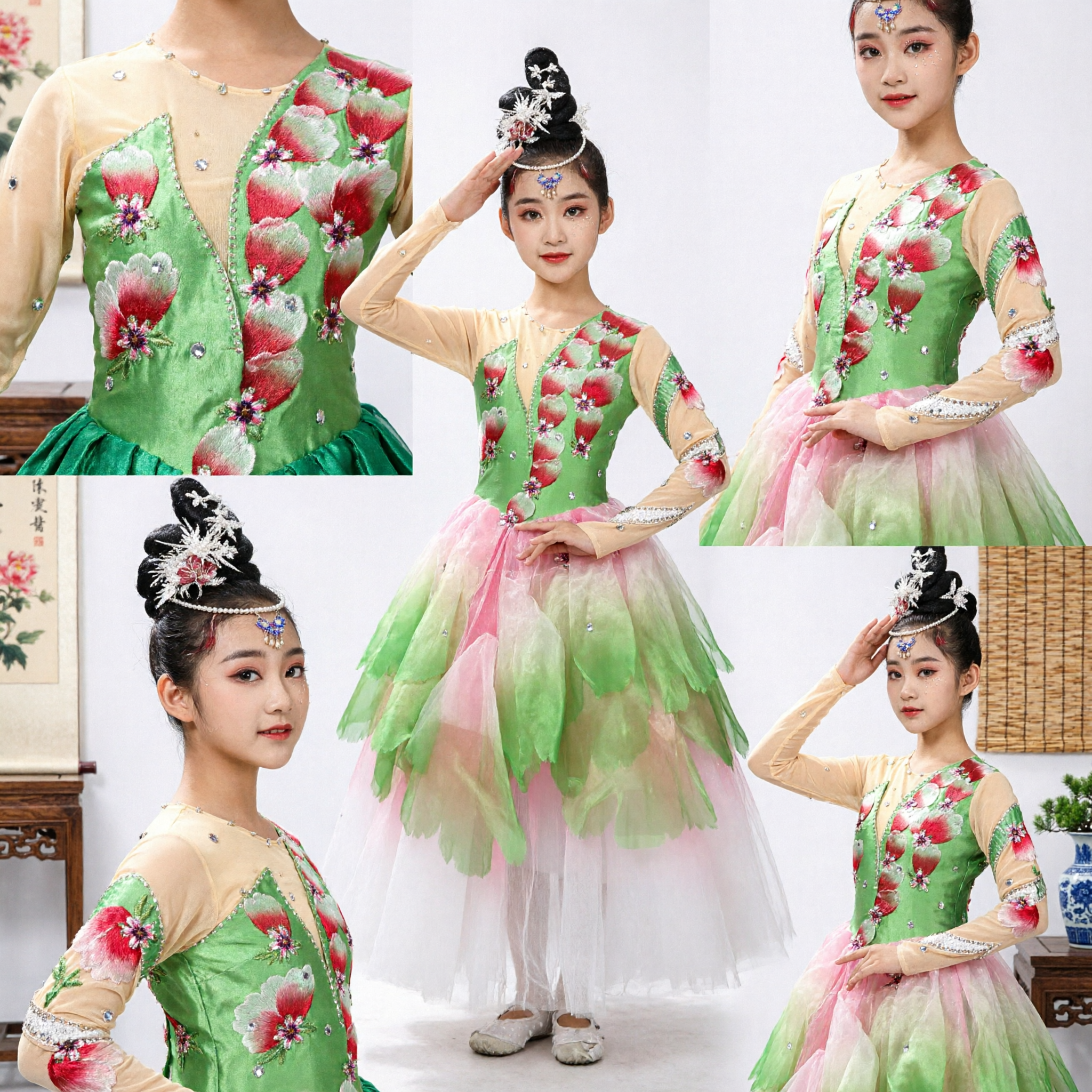 Chinese Classical Dance Costume for Kids Green Lotus Flower Fairy Tutu Dress for Stage Performance