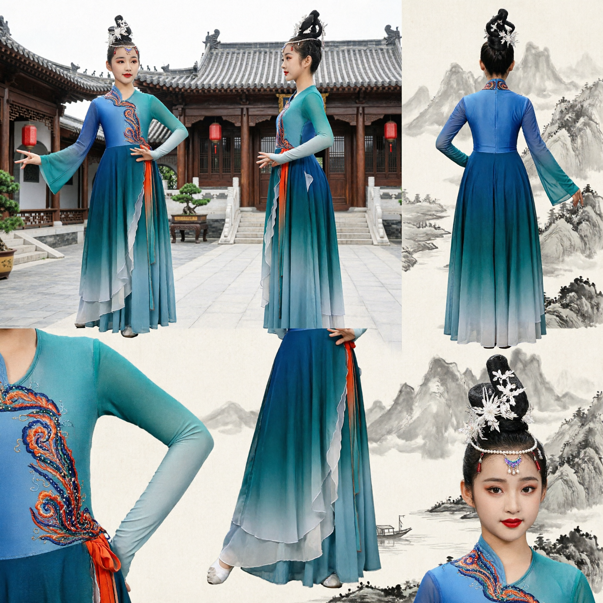 Kids Chinese Classical Dance Costume Blue Gradient Embroidered Peacock Long Sleeve Stage Performance Dress