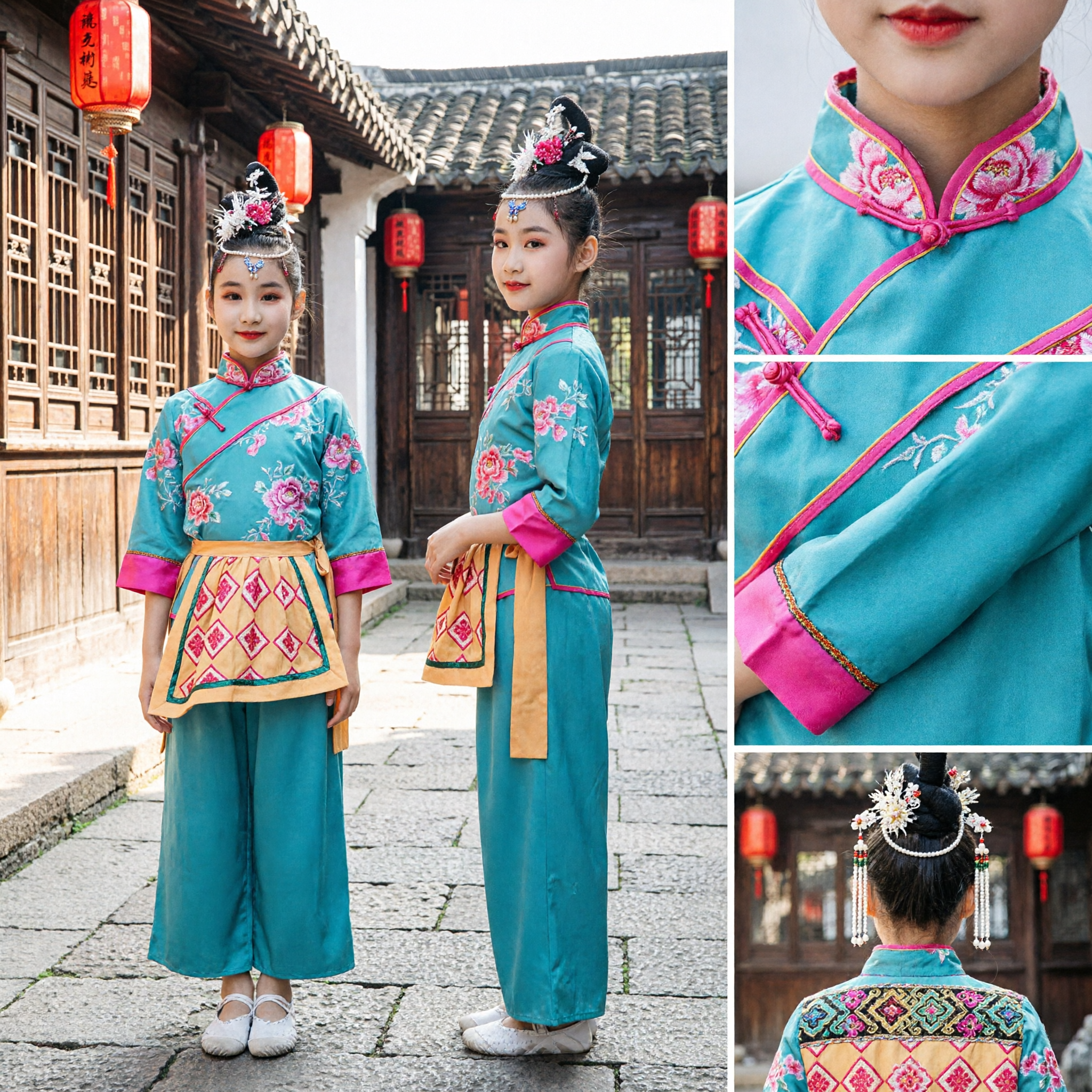 Traditional Chinese Folk Dance Costume for Kids Girls Tea Picking Performance Dress with Bamboo Hat