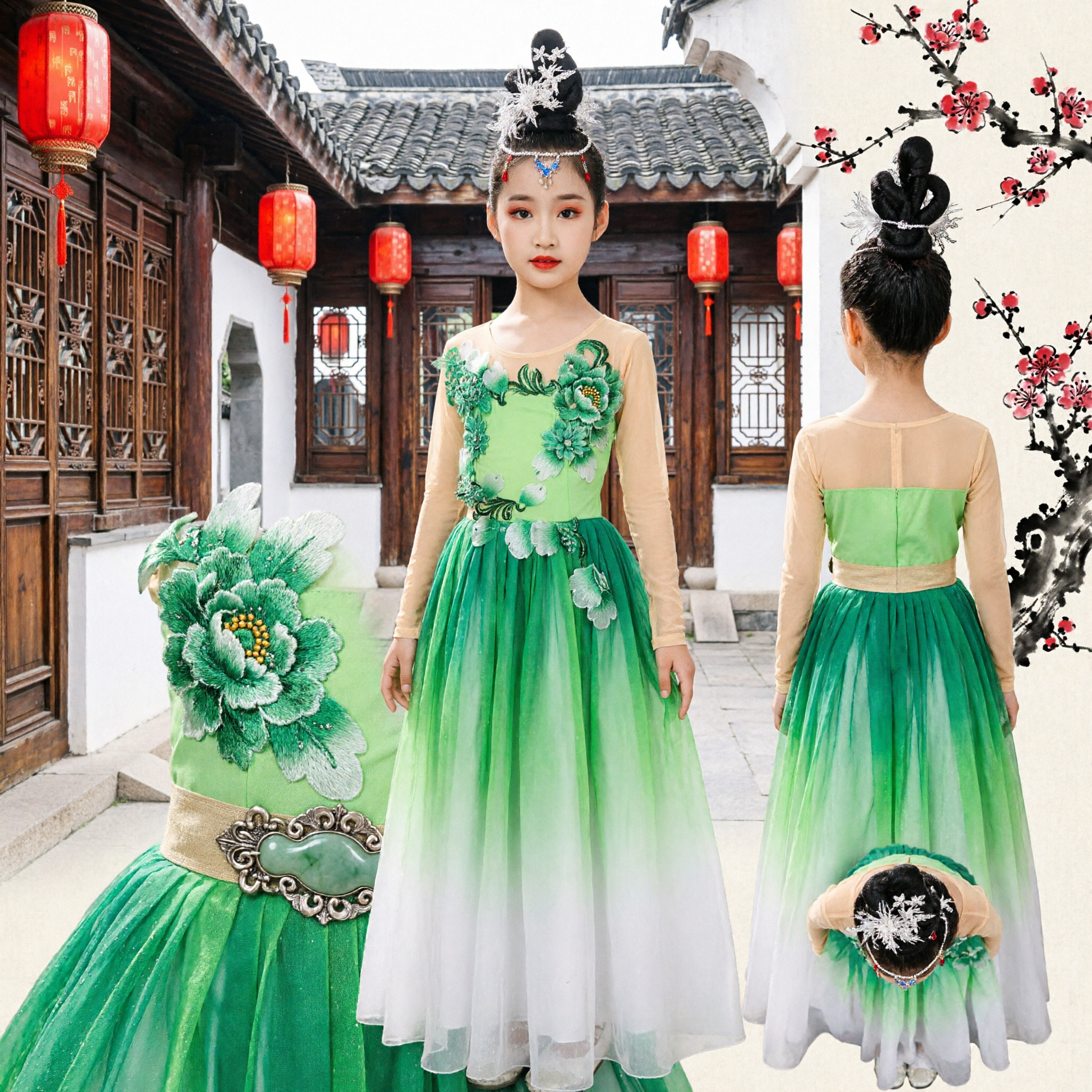 Kids Chinese Classical Dance Costume Green Gradient Long Dress Stage Performance Folk Outfit for Girls