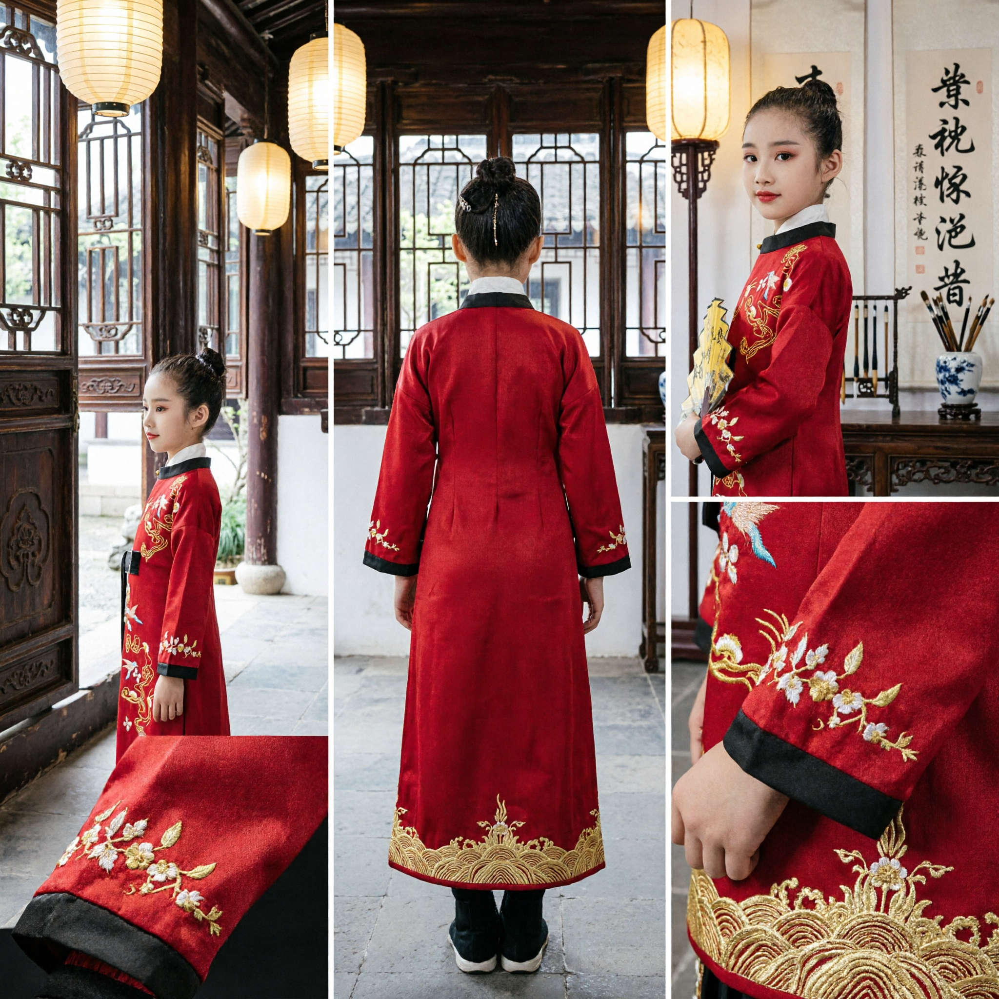 Kids Traditional Chinese Red Hanfu Robe with Gold Crane Embroidery for Folk Dance and Stage Performance