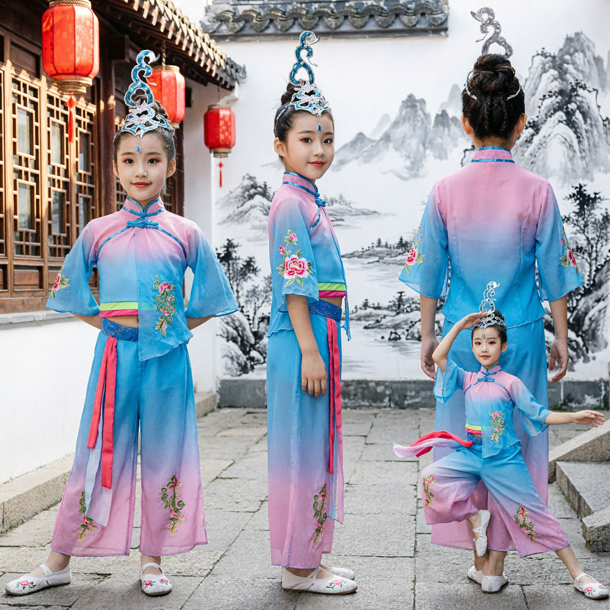 Traditional Chinese Dance Costume for Kids Girls Classical Folk Performance Outfit Gradient Blue Pink Embroidery Stage Wear