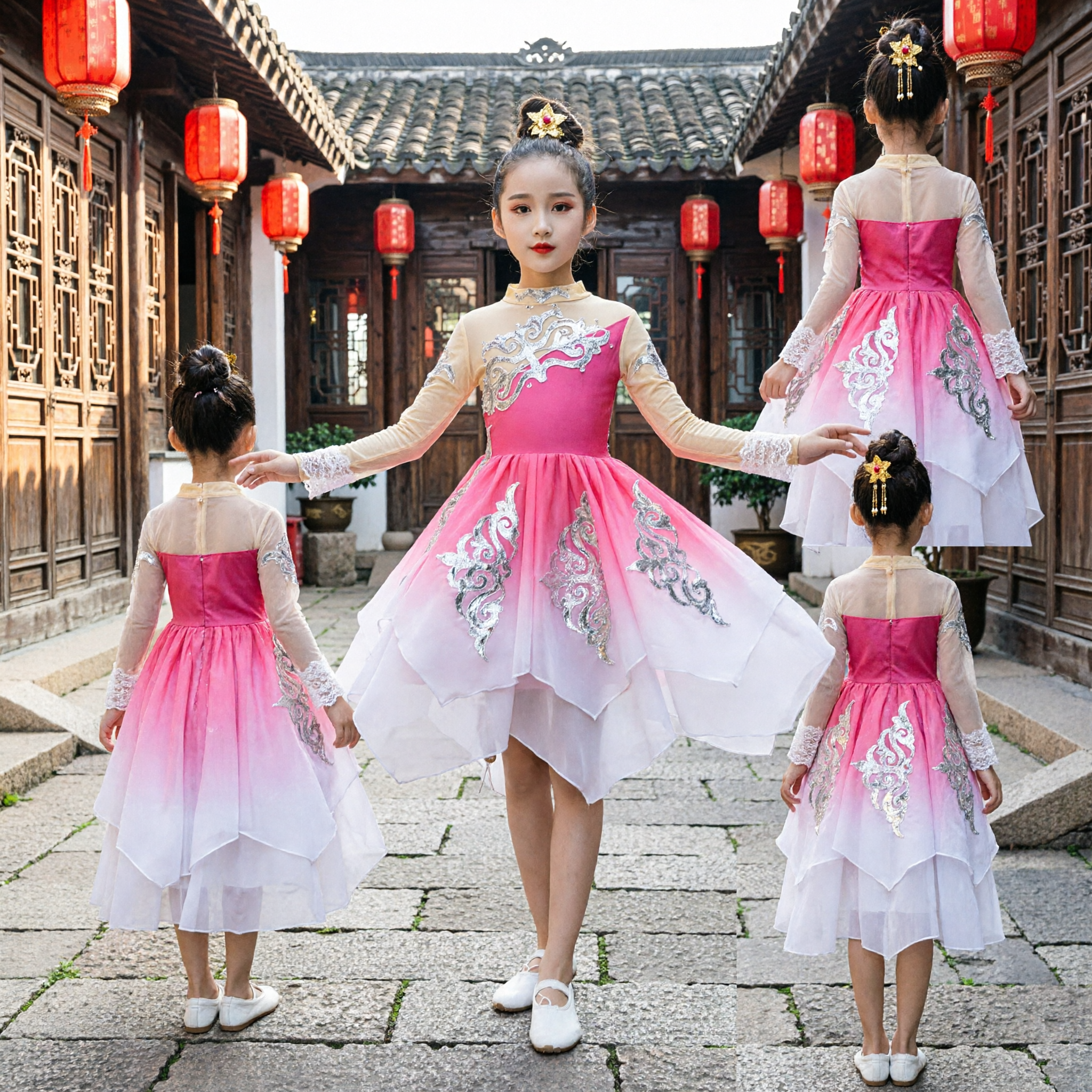 Girls Chinese Classical Dance Costume Kids Folk Yangge Performance Dress Pink Gradient Skirt with Silver Embroidery