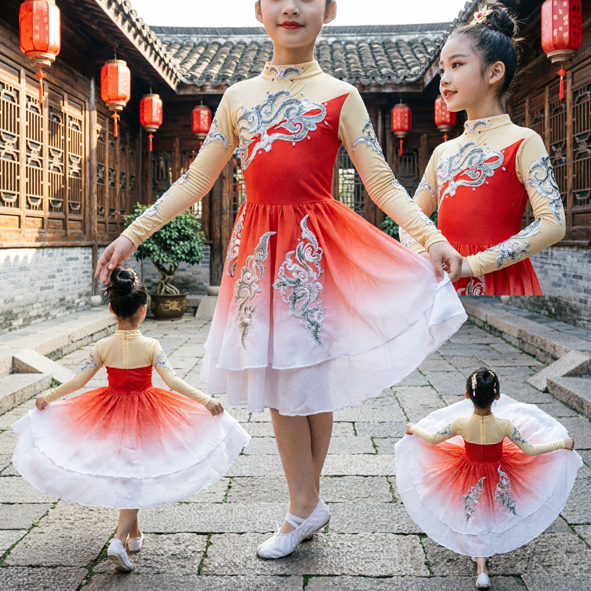 Kids Chinese Classical Dance Costume Red Gradient Dress Girls Folk Dance Stage Performance Outfit