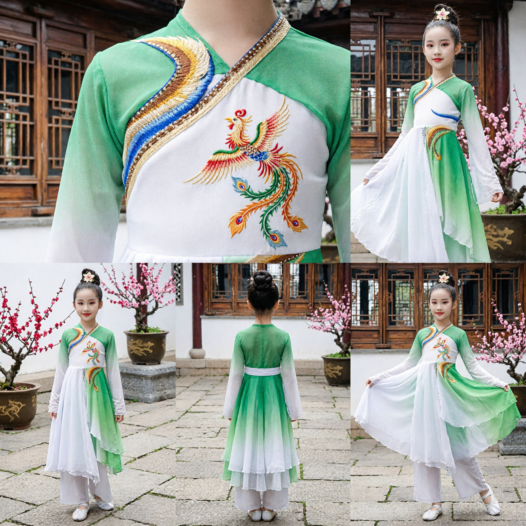Girls Dai Peacock Dance Costume Green Gradient Classical Chinese Folk Dress Kids Stage Performance Outfit