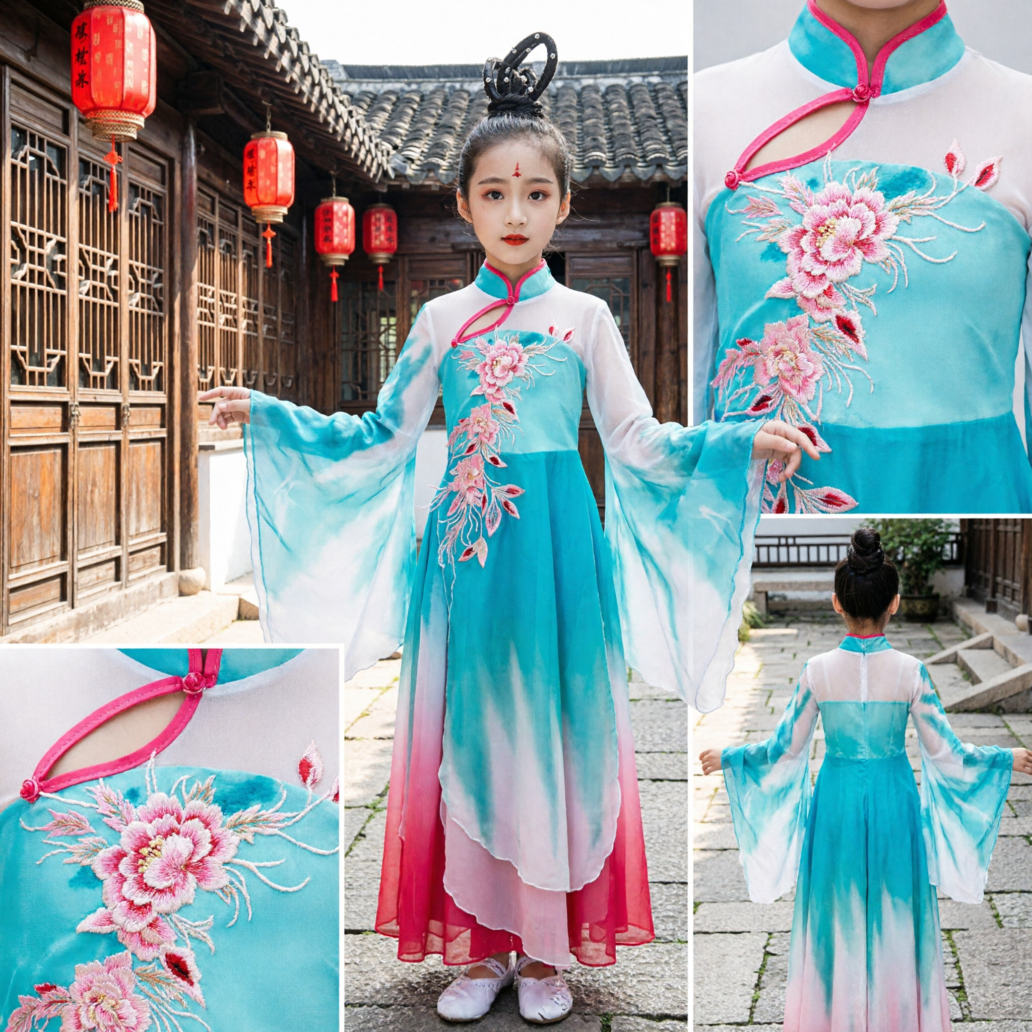 Kids Chinese Classical Dance Costume Girls Traditional Folk Dance Dress Gradient Blue Pink Hanfu Performance Outfit