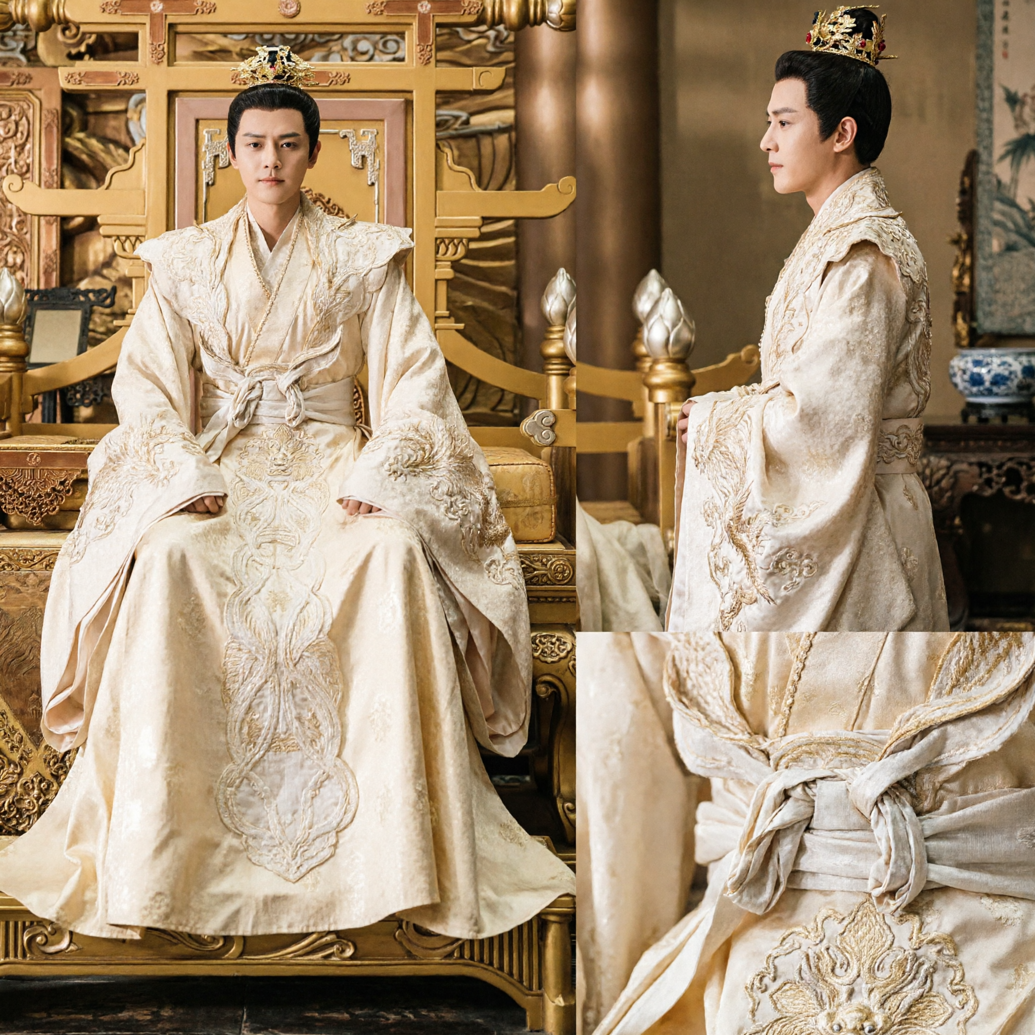 Traditional Chinese Ancient Emperor Hanfu Costume White Gold Royal Robe for Men Cosplay Drama