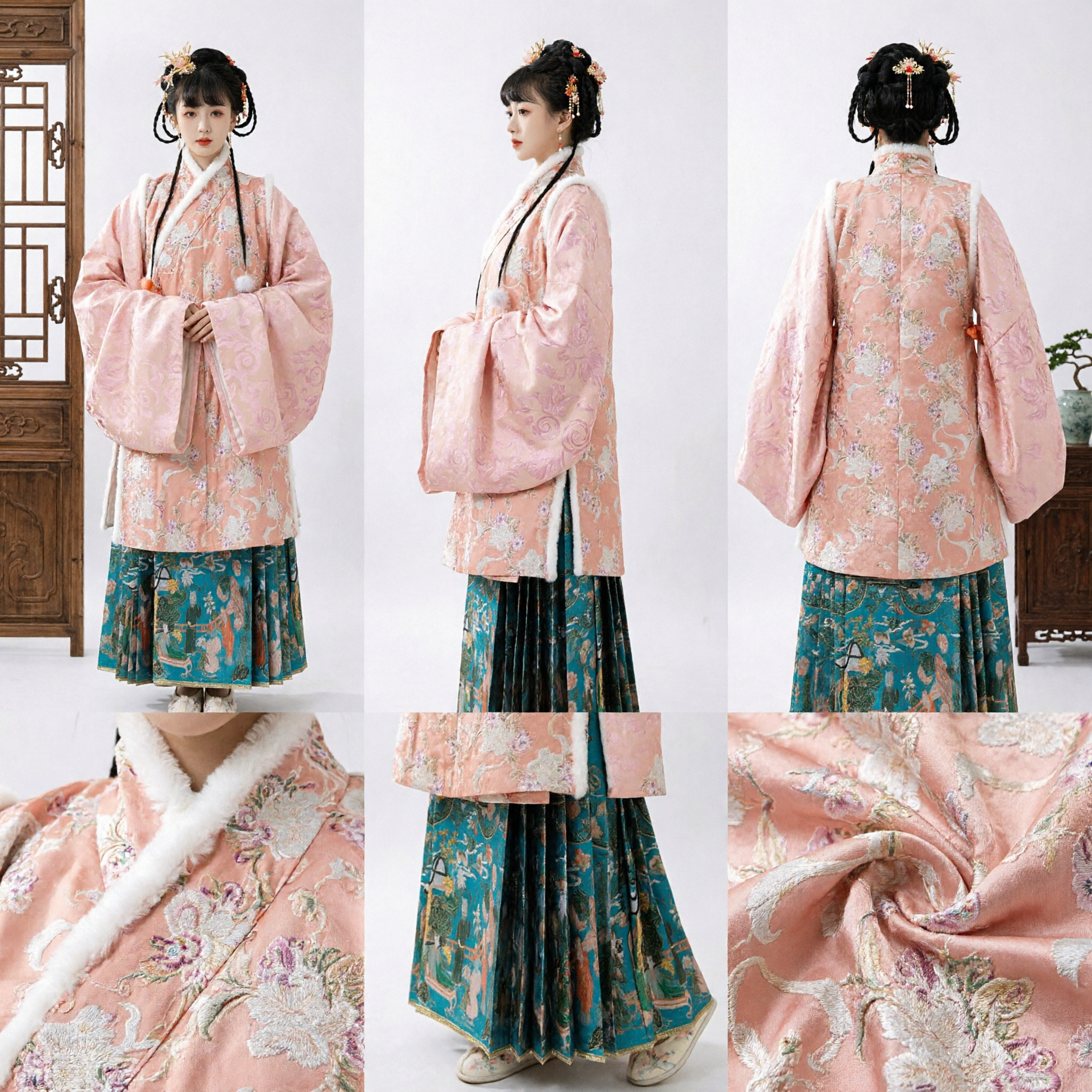 Traditional Chinese Ming Dynasty Hanfu Pink Brocade Ao Top and Blue Pleated Skirt Set for Women