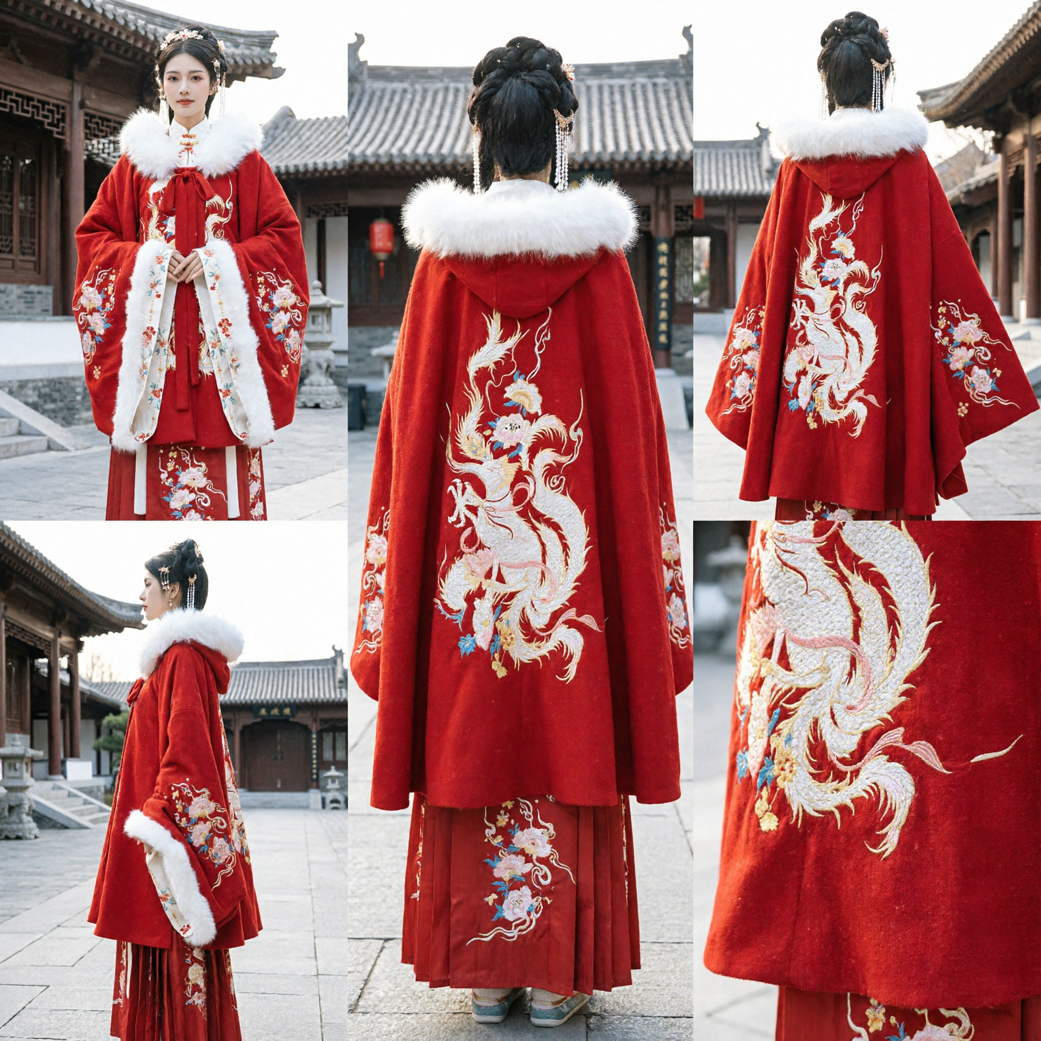 Traditional Chinese Red Hanfu Winter Cloak for Women with White Fur Collar and Phoenix Embroidery Ancient Costume