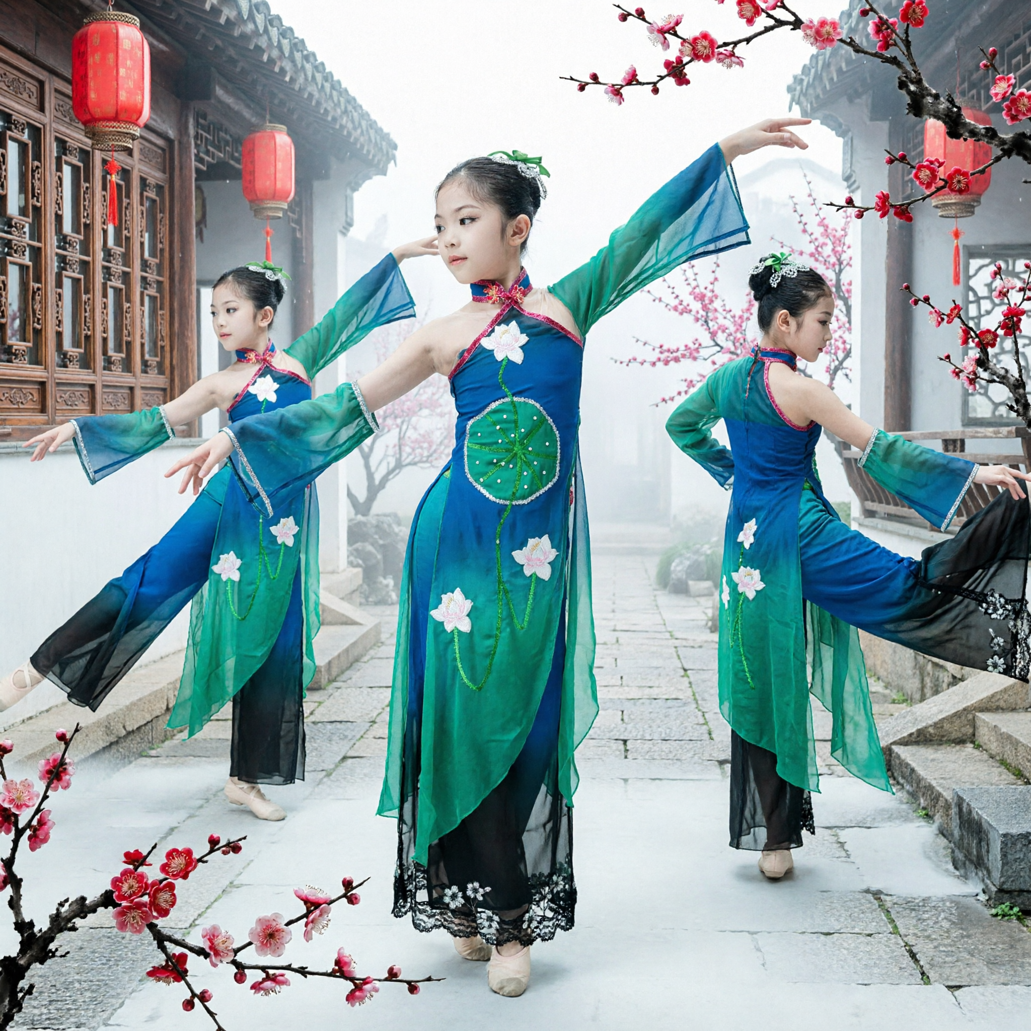 Chinese Classical Dance Costume for Girls Blue Lotus Cheongsam Dress Children Folk Dance Performance Outfit
