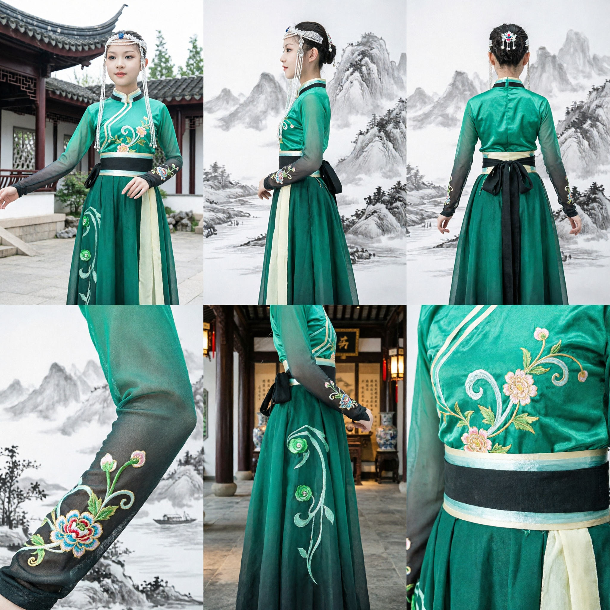 Green Chinese Classical Dance Costume for Kids Girls Traditional Folk Stage Performance Dress with Headpiece