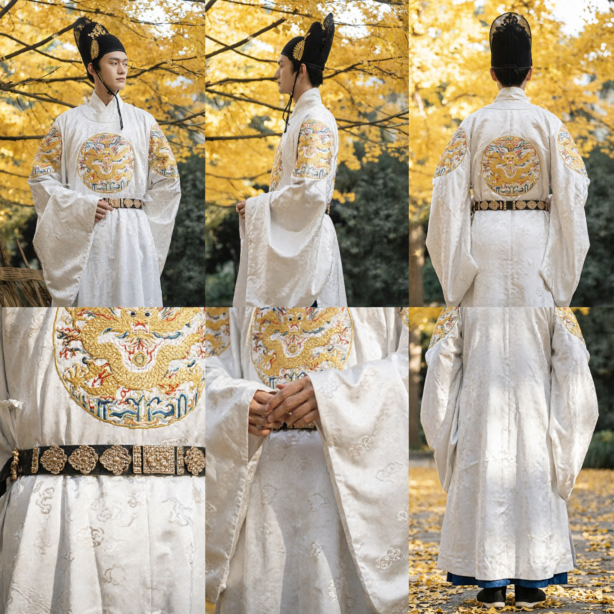 Traditional Chinese Ming Dynasty Prince Hanfu White Round Collar Robe with Dragon Embroidery for Men