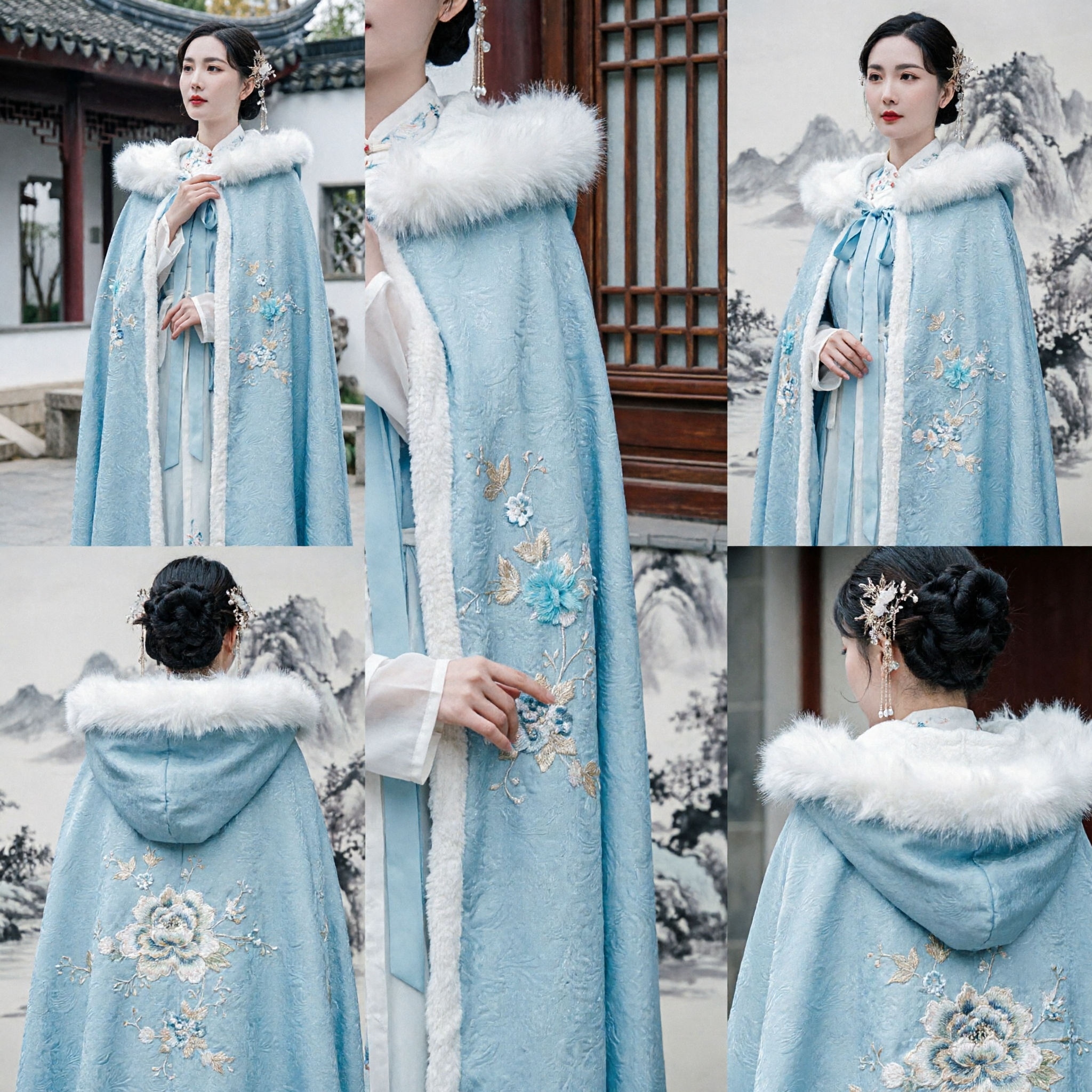 Elegant Traditional Chinese Hanfu Winter Cape with White Fur Trim and Floral Embroidery Ancient Costume for Women