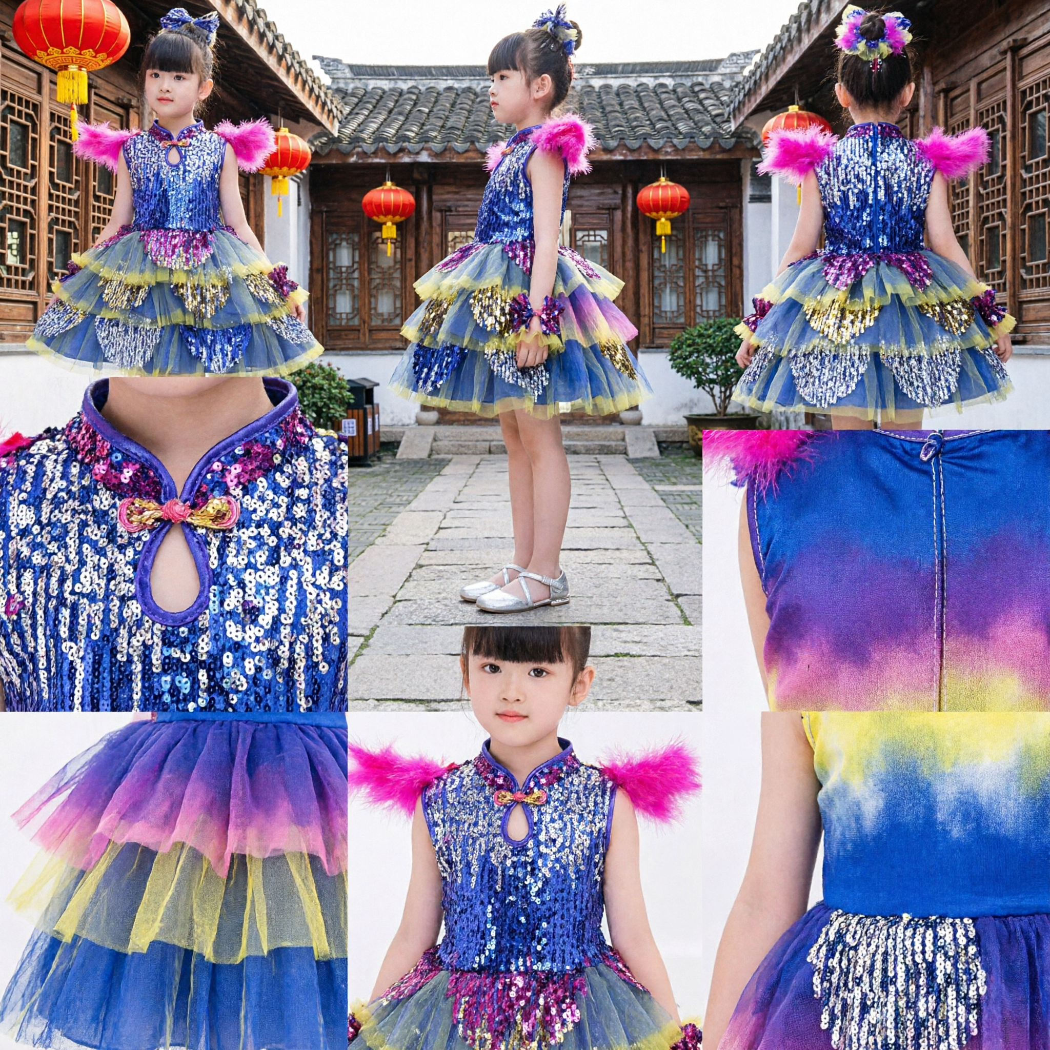Girls Blue Sequin Dance Costume with Pink Feathers for Chinese Folk Dance Stage Performance