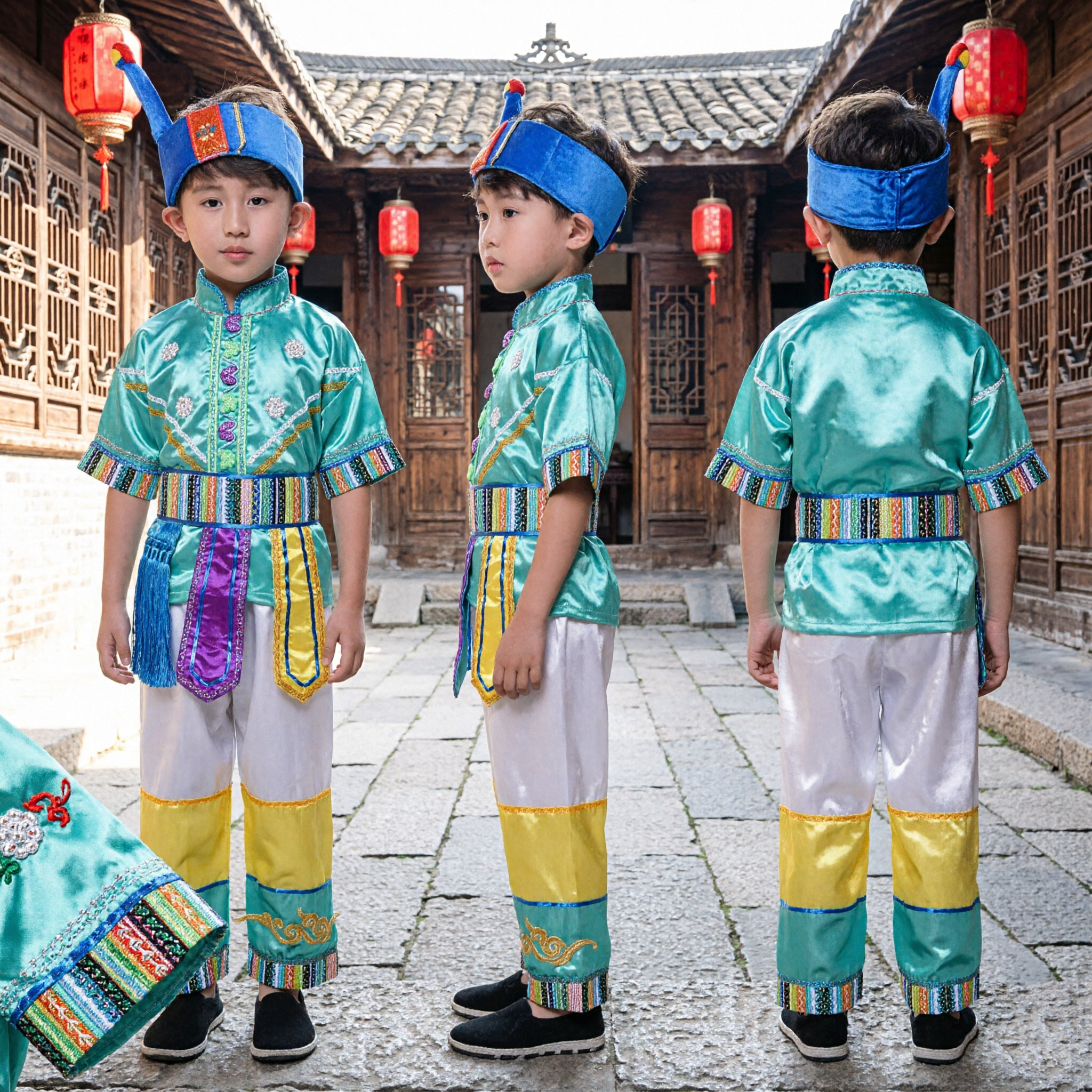 Boys Traditional Chinese Ethnic Minority Folk Dance Costume Green Satin Stage Performance Outfit for Kids