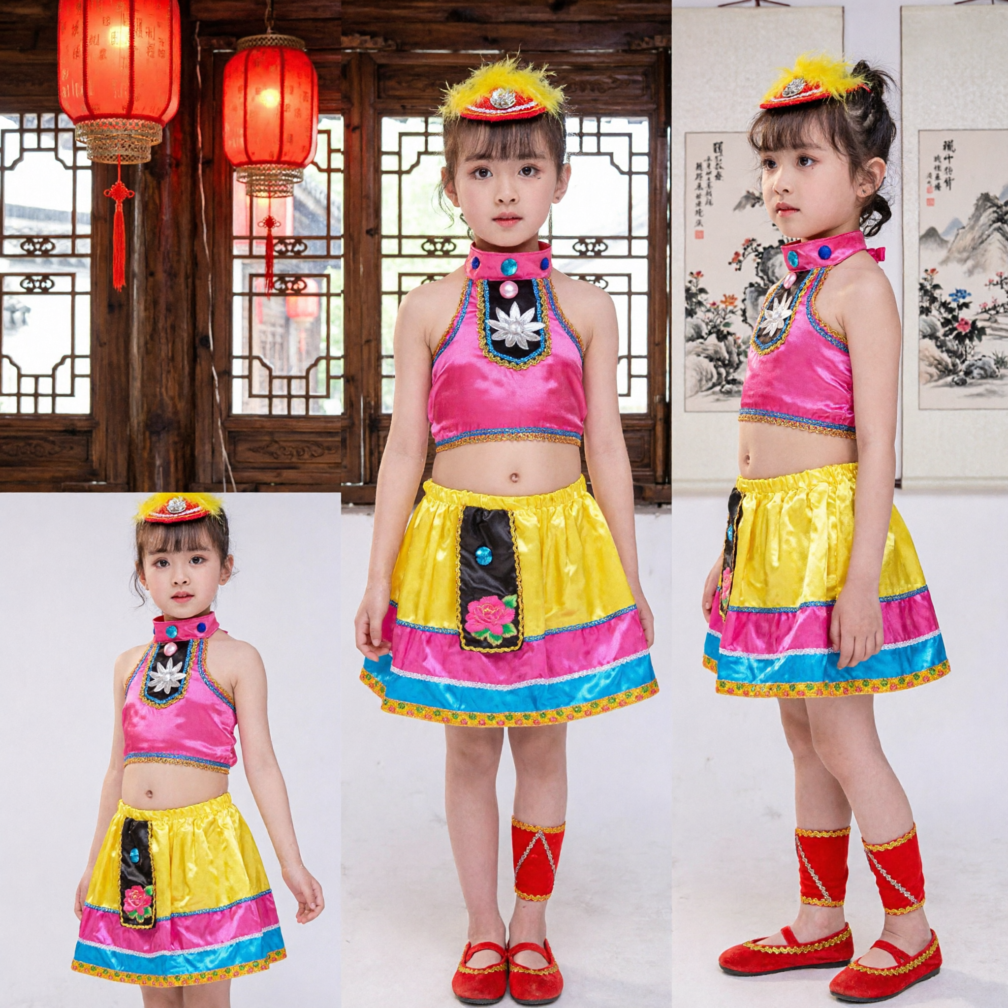 Children Chinese Ethnic Dance Costume Girls Traditional Folk Performance Outfit Yellow Skirt Pink Halter Top Stage Wear