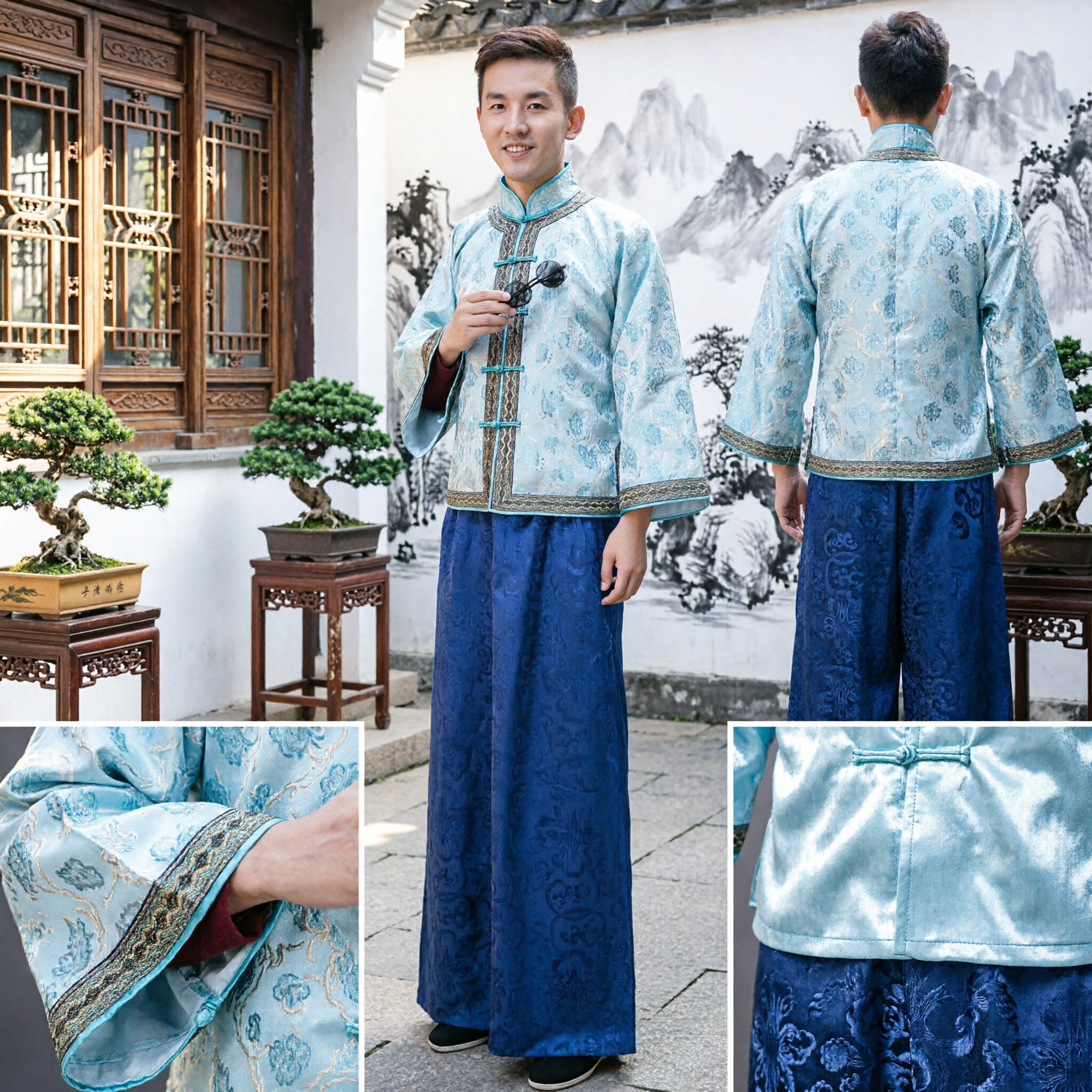 Men's Traditional Chinese Republic of China Scholar Costume Light Blue Tang Suit Jacket and Pants Set