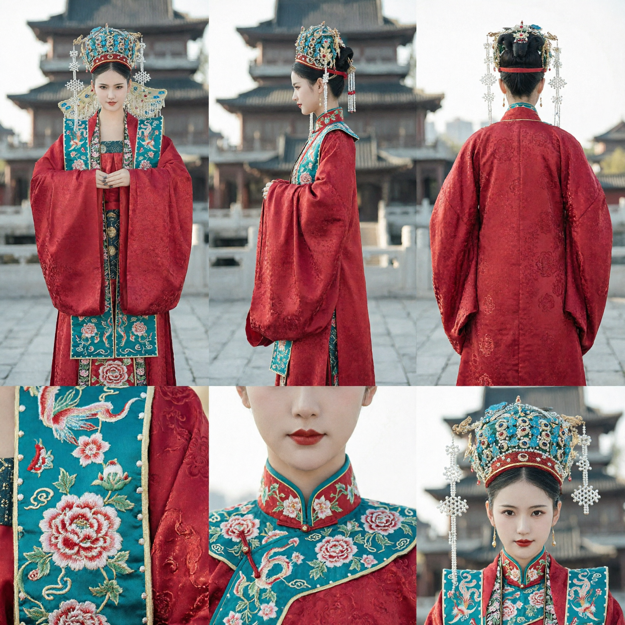 Traditional Chinese Ming Dynasty Wedding Hanfu Red Robe with Phoenix Crown Headdress Set for Bride