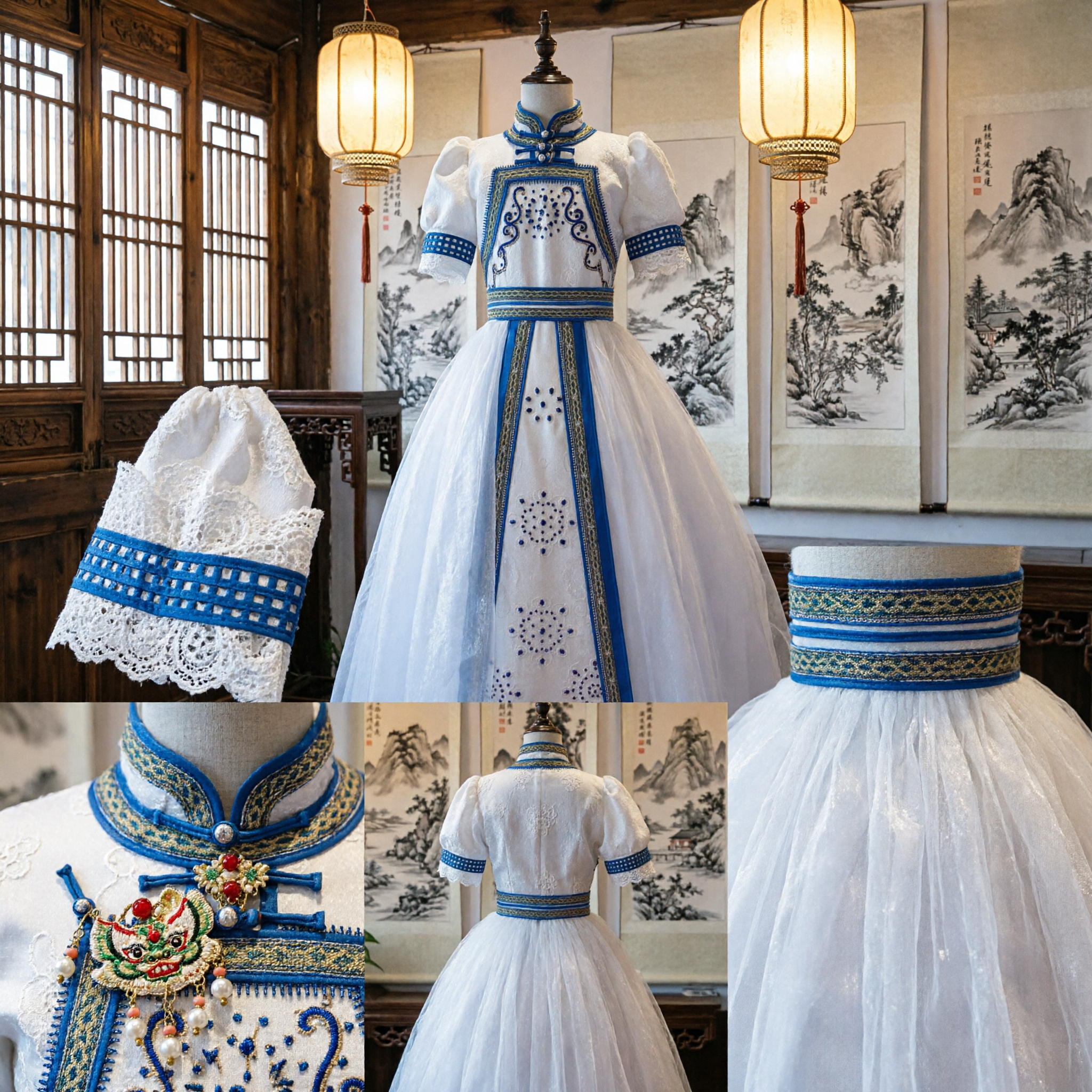 Traditional Russian Folk Costume White and Blue Embroidered Dress for Women Stage Performance