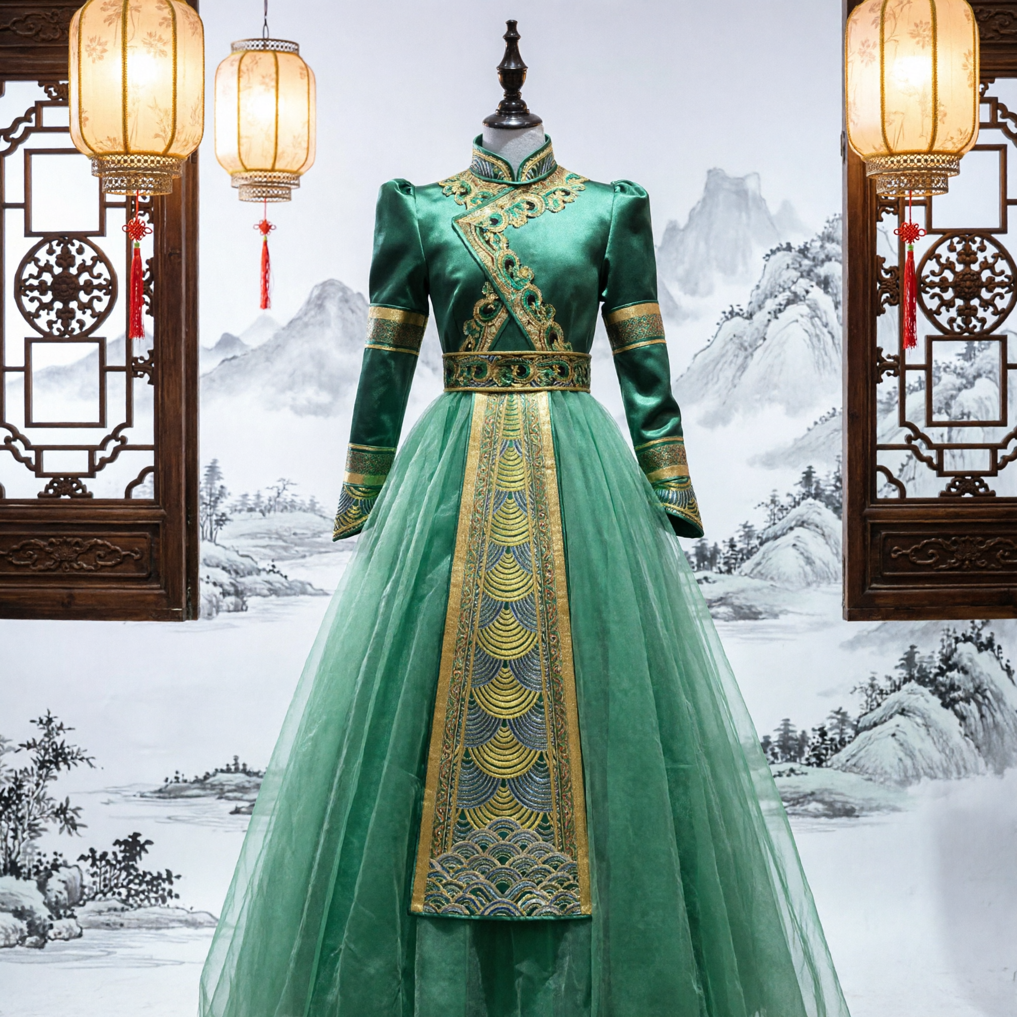 Traditional Mongolian Green Dance Costume with Gold Embroidery Stage Performance Dress for Women