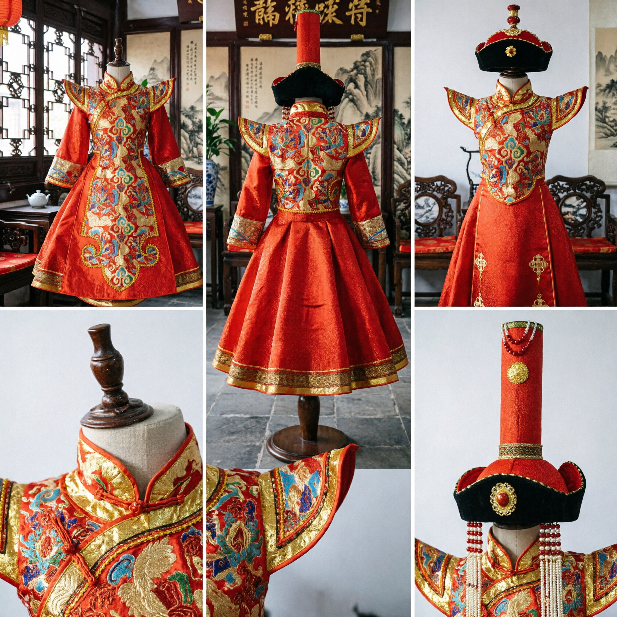 Traditional Mongolian Ethnic Red Satin Dress Chinese Folk Dance Costume for Women with Tall Hat
