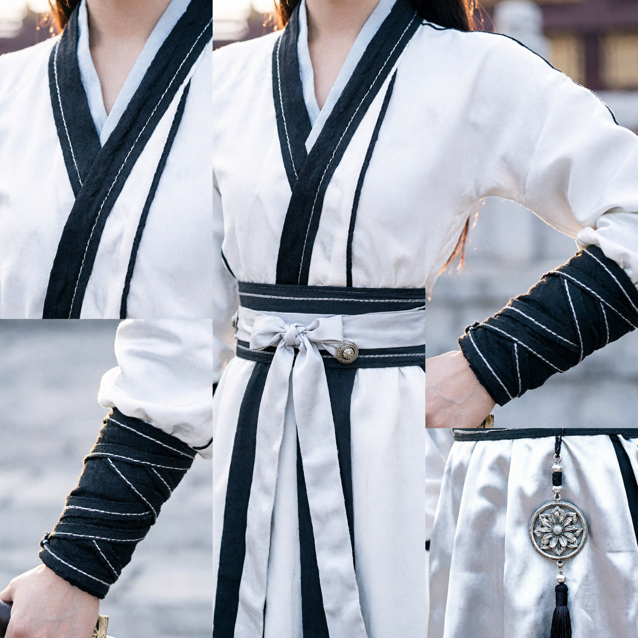 Ancient Chinese Wuxia Martial Arts Swordswoman Costume White Hanfu with Black Trim for Cosplay
