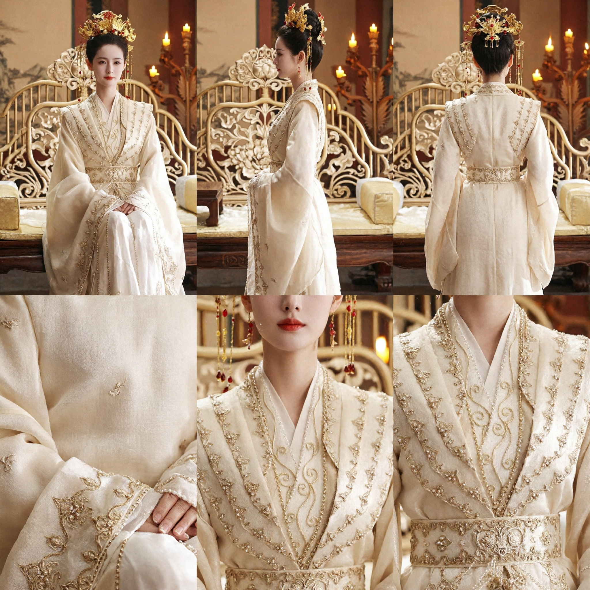 Elegant Ancient Chinese Empress Hanfu Costume Cream Gold Embroidered Royal Robe for Women Cosplay Performance