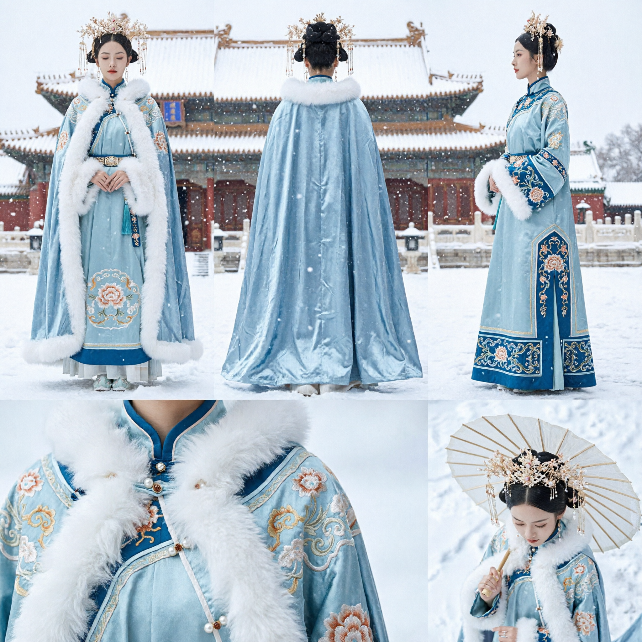 Elegant Blue Hanfu Winter Cloak with White Fur Trim Ancient Chinese Palace Lady Costume for Women