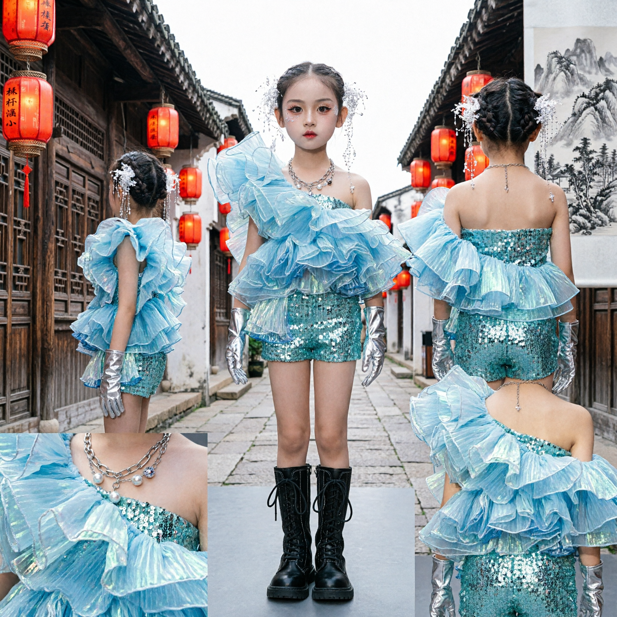 Girls Blue Ruffled One-Shoulder Organza Top and Sequin Shorts Set for Kids Fashion Show Stage Performance