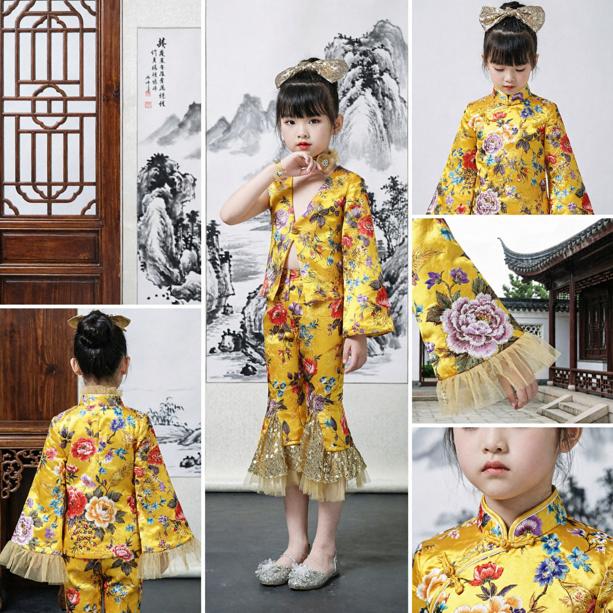 Girls Yellow Floral Chinese Traditional Dance Costume Bell Sleeve Jacket and Ruffle Pants Performance Set