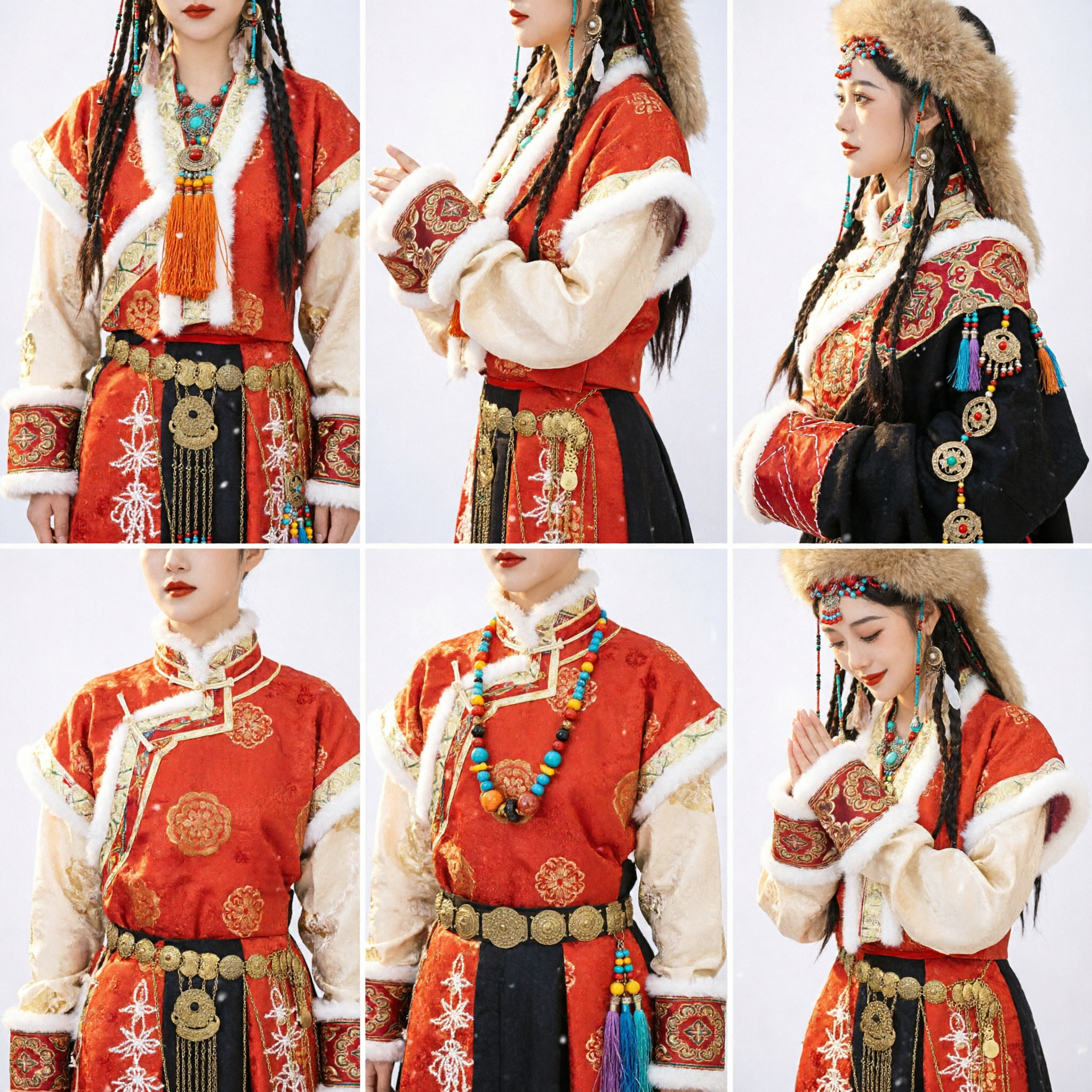 Women's Traditional Tibetan Ethnic Costume Red Embroidered Robe with Fur Hat and Jewelry Set