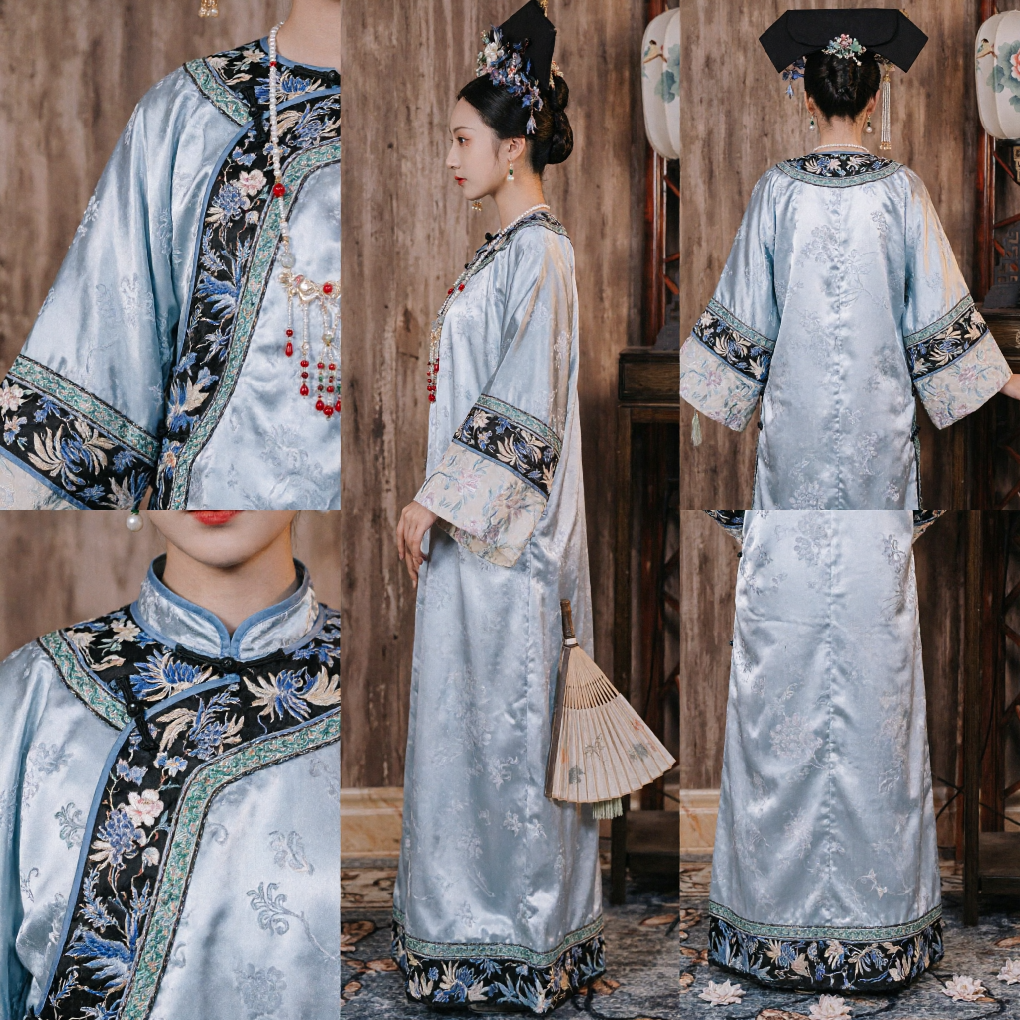 Elegant Light Blue Qing Dynasty Manchu Princess Costume Traditional Chinese Ancient Palace Embroidered Robe for Women