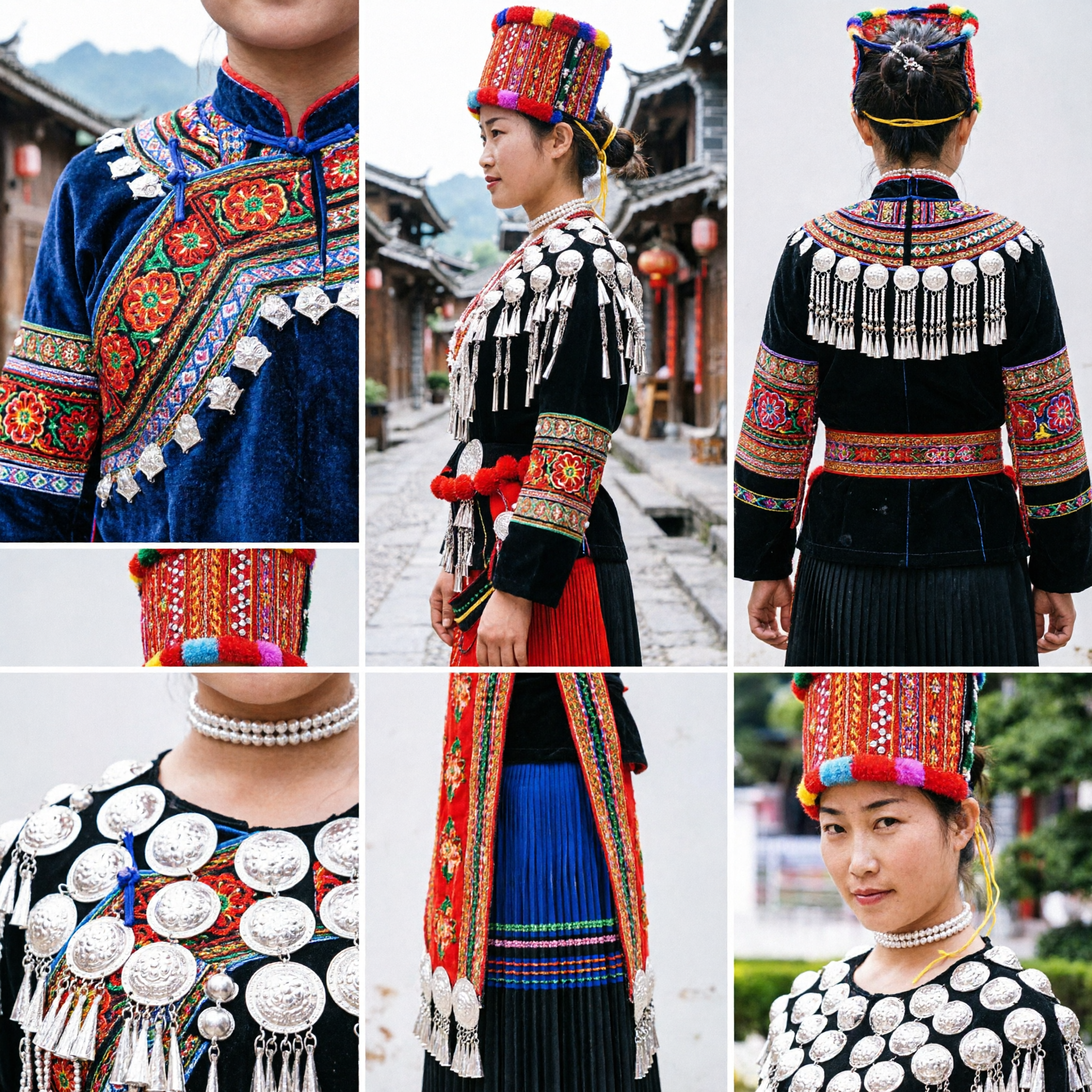 Traditional Southeast Asian Ethnic Costume Set with Beaded Headdress and Silver Coin Necklace for Festivals