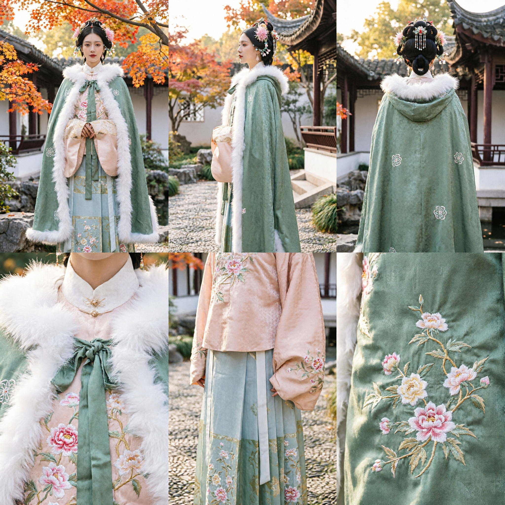 Women's Traditional Chinese Hanfu Winter Cloak with White Fur Trim Ancient Noble Lady Historical Costume