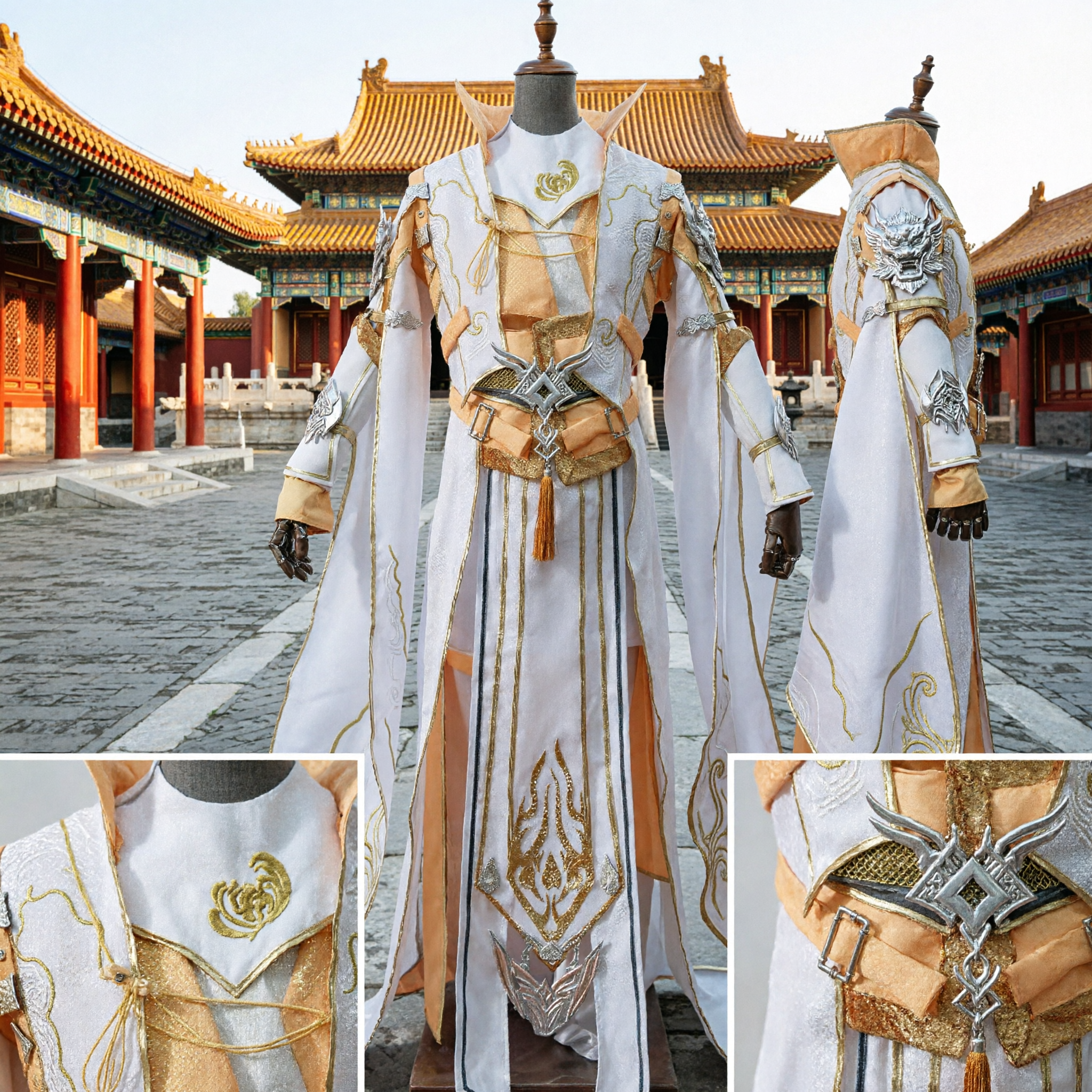 Men's White and Gold Chinese Fantasy Prince Cosplay Costume Robe with Intricate Embroidery and Armor
