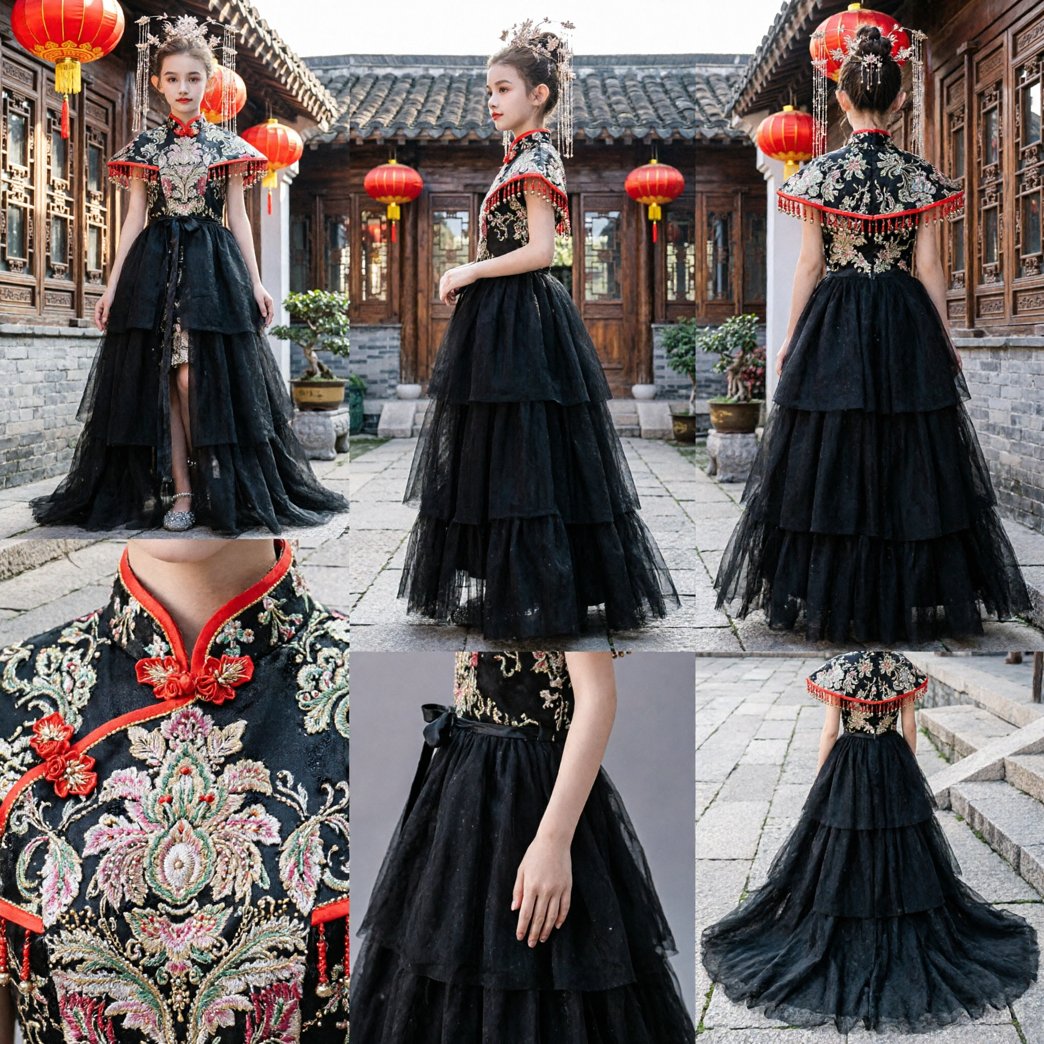 Elegant Black Chinese Traditional Qipao Evening Gown for Girls with Embroidery and Tulle Skirt for Weddings