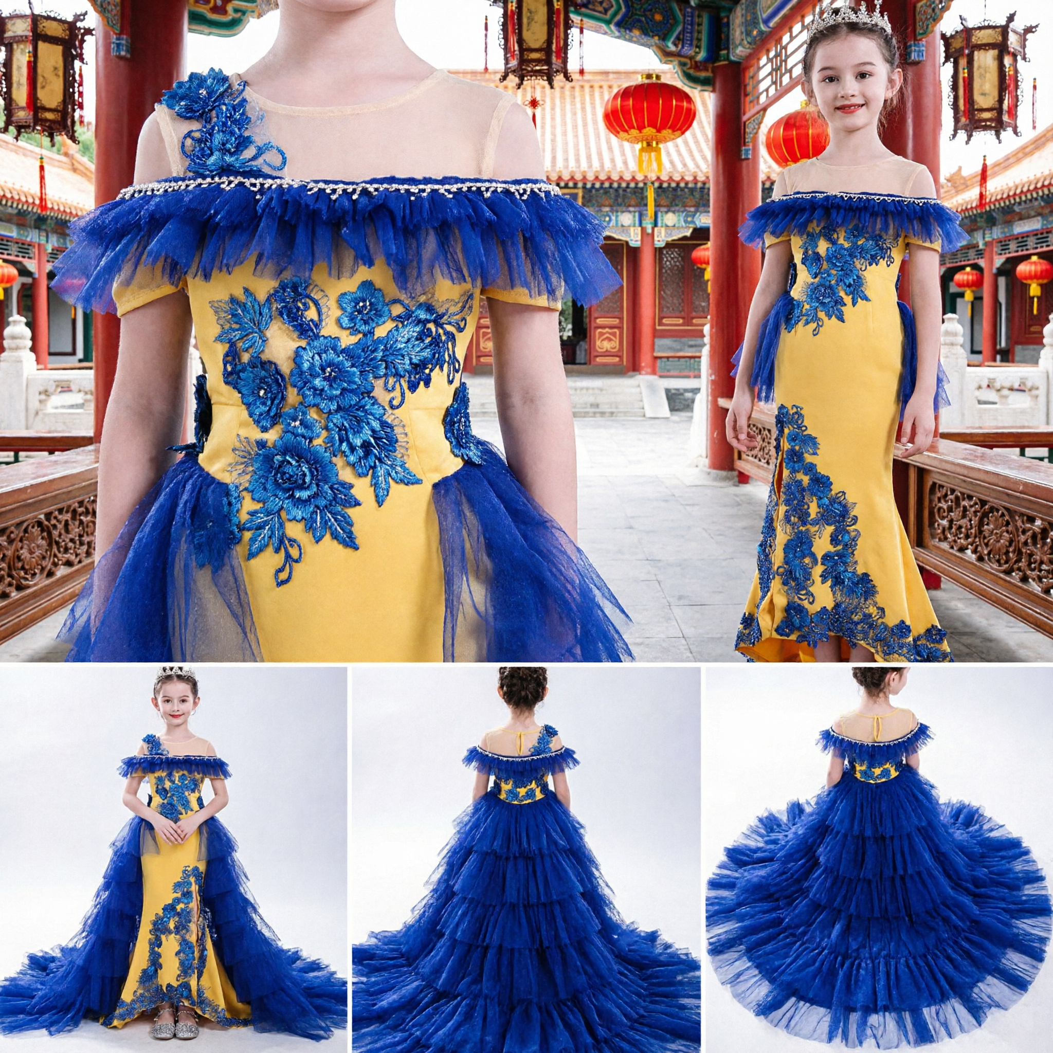 Girls Royal Blue and Yellow Floral Mermaid Evening Gown Off-Shoulder Pageant Dress with Tulle Train