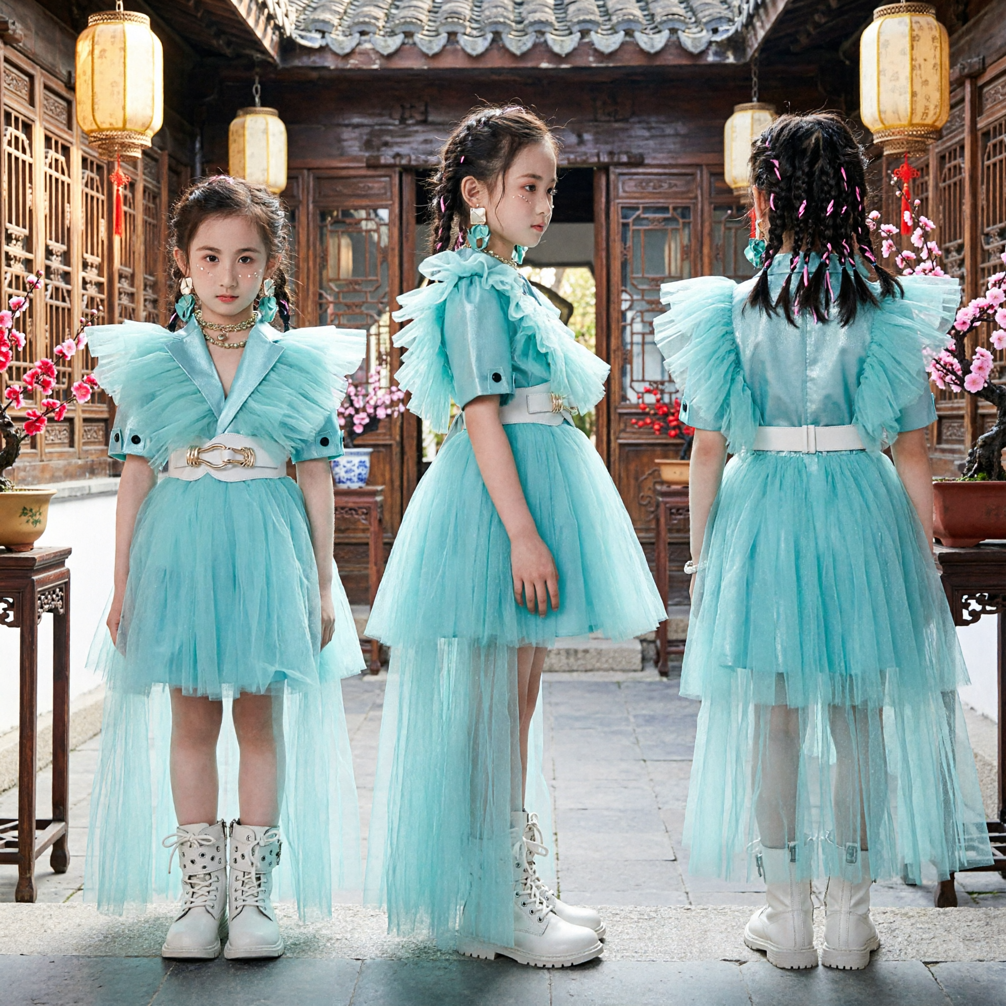 Elegant Light Blue Tulle Blazer Dress for Girls Modern Stage Performance Host Costume Party Wear