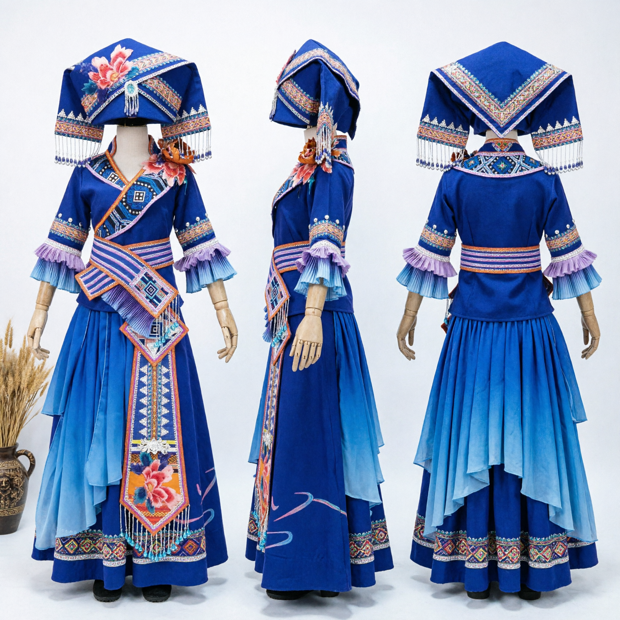Complete Traditional Chinese Zhuang Nationality Costume Blue Embroidered Dress with Hat for Dance Performance