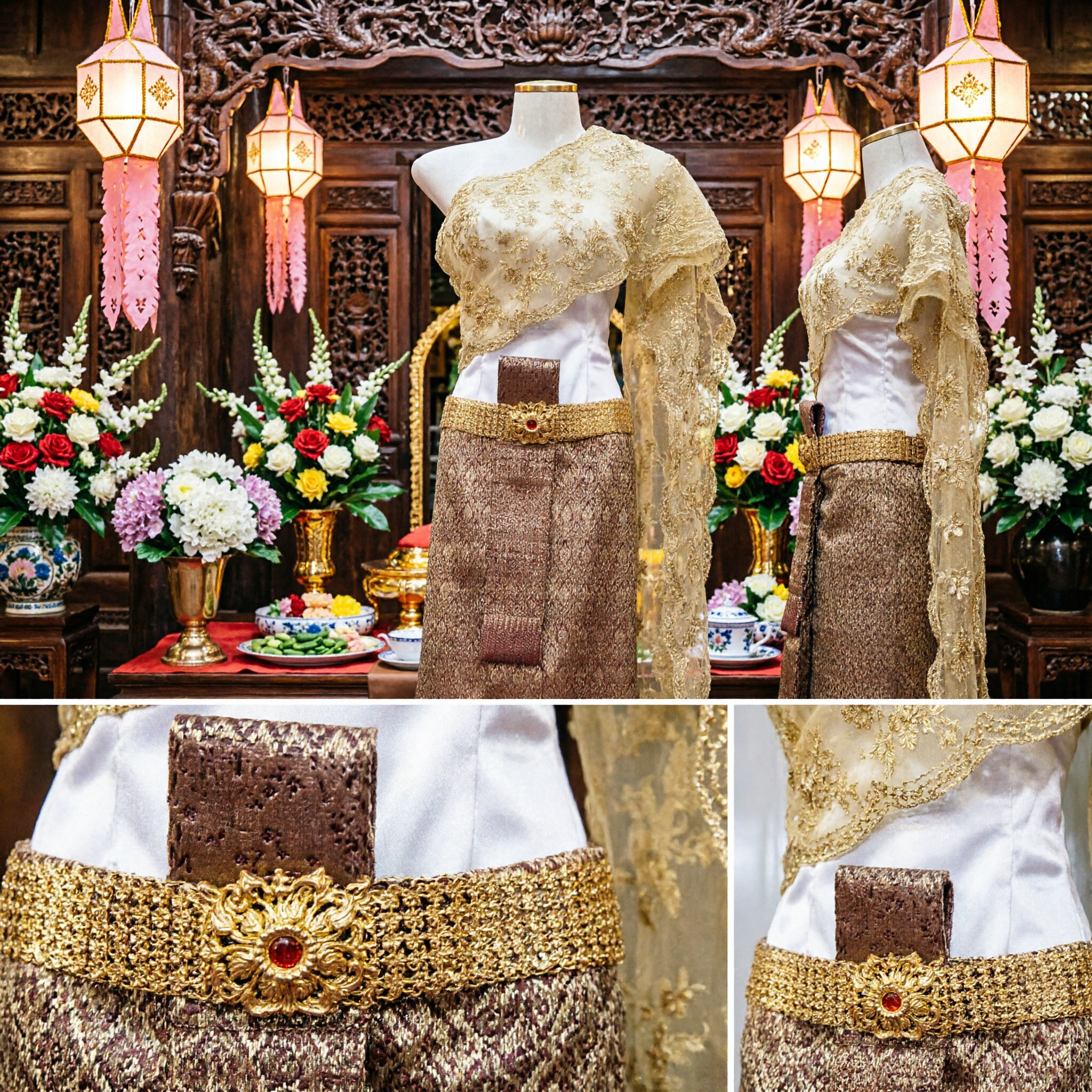 Elegant Traditional Thai Costume for Women Gold Sabai Shawl Brocade Skirt and Belt Set