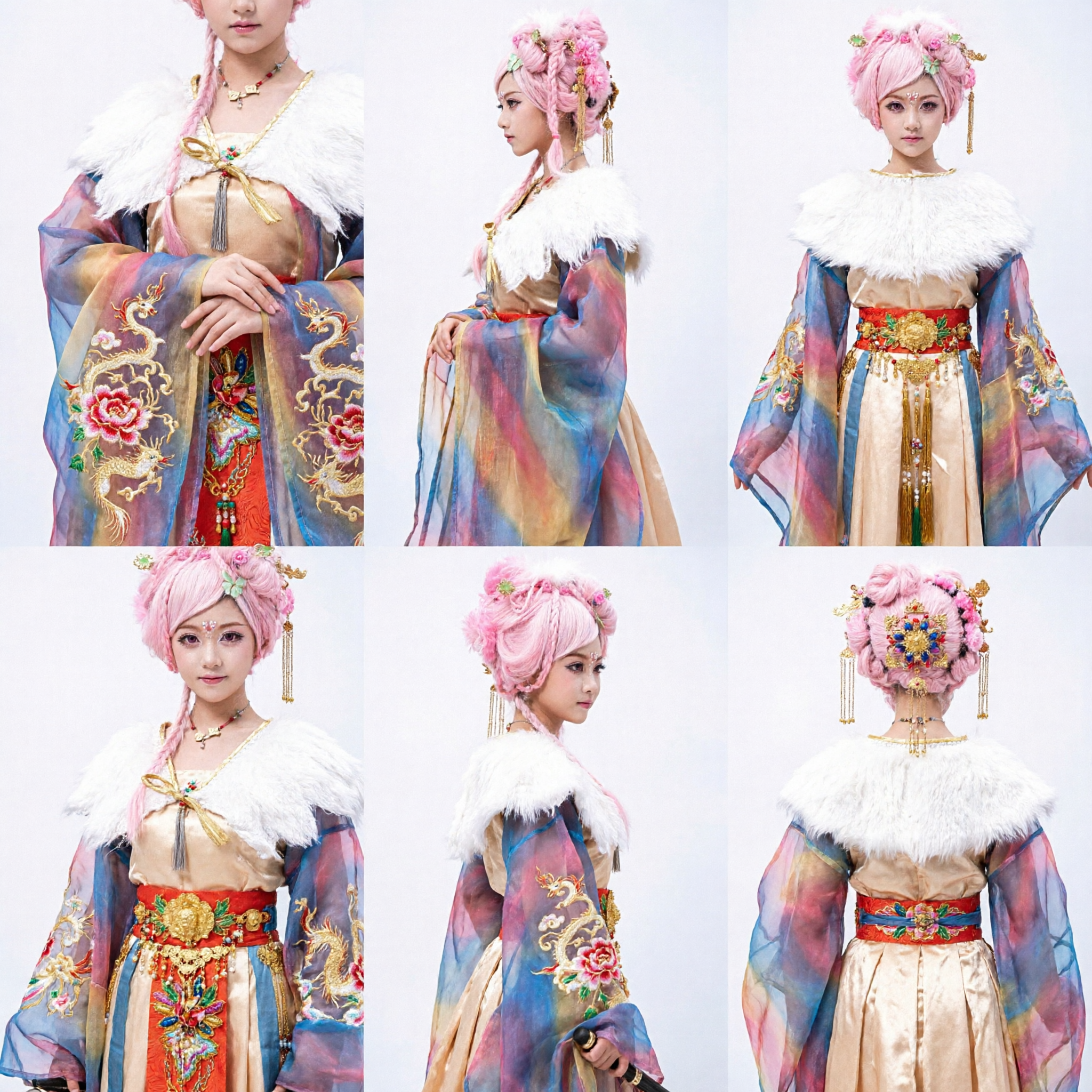Traditional Chinese Fairy Cosplay Costume for Dolls Pink Wig Ancient Hanfu Dress Up with Flute Prop
