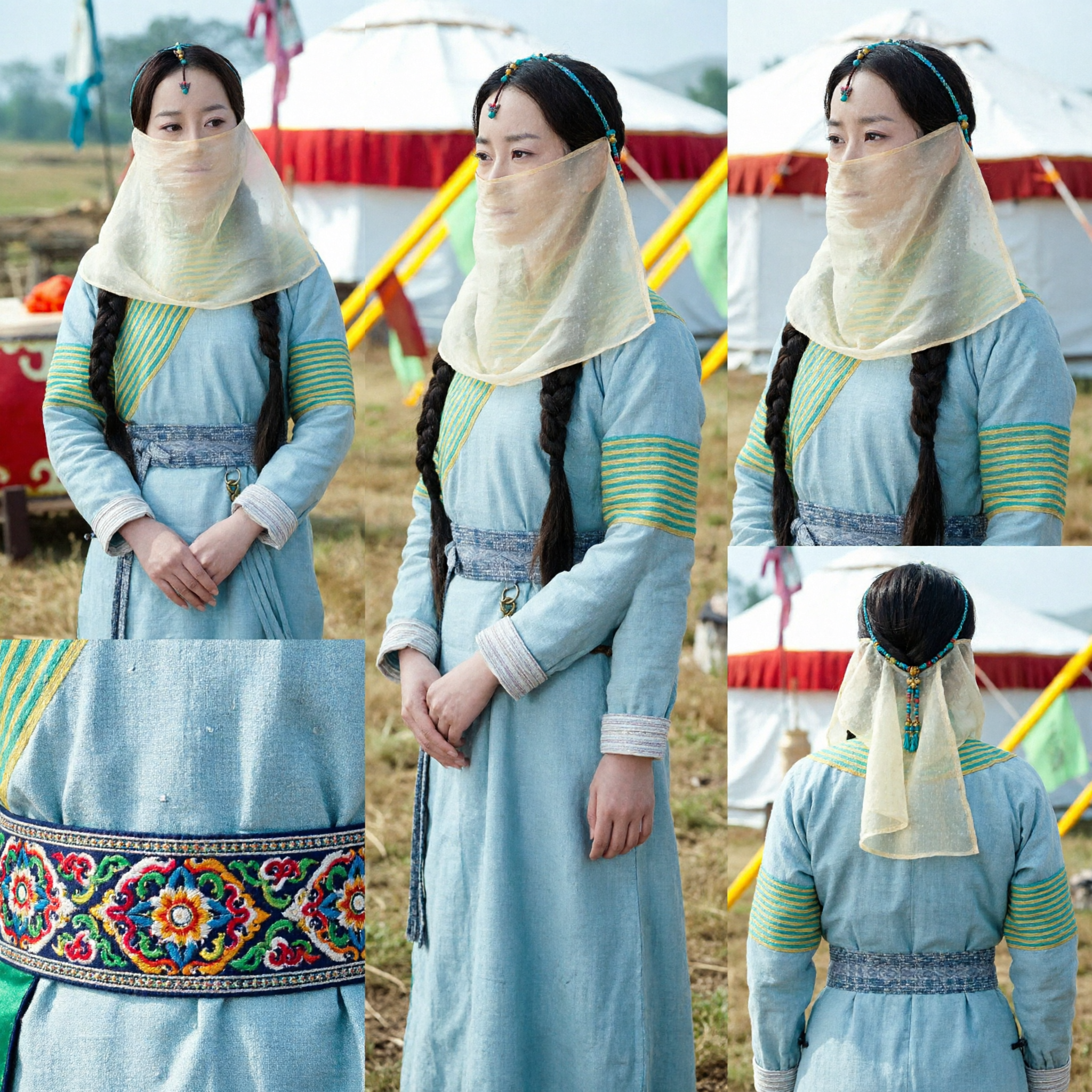 Ancient Chinese Mongolian Princess Costume Blue Robe with Sheer Veil for Women Cosplay and Historical Drama