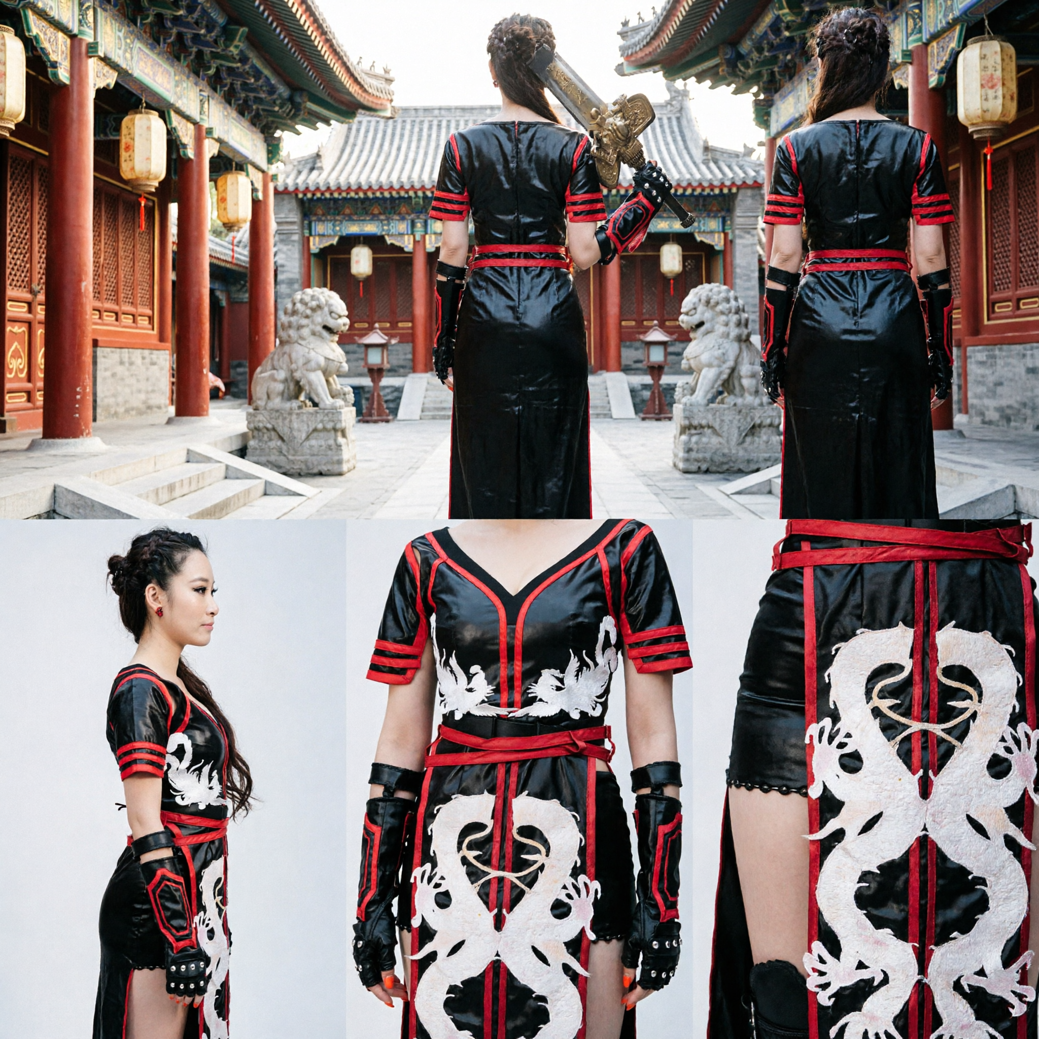 Women's Black Leather Chinese Warrior Cosplay Costume with Dragon Embroidery for Halloween and Stage Performance