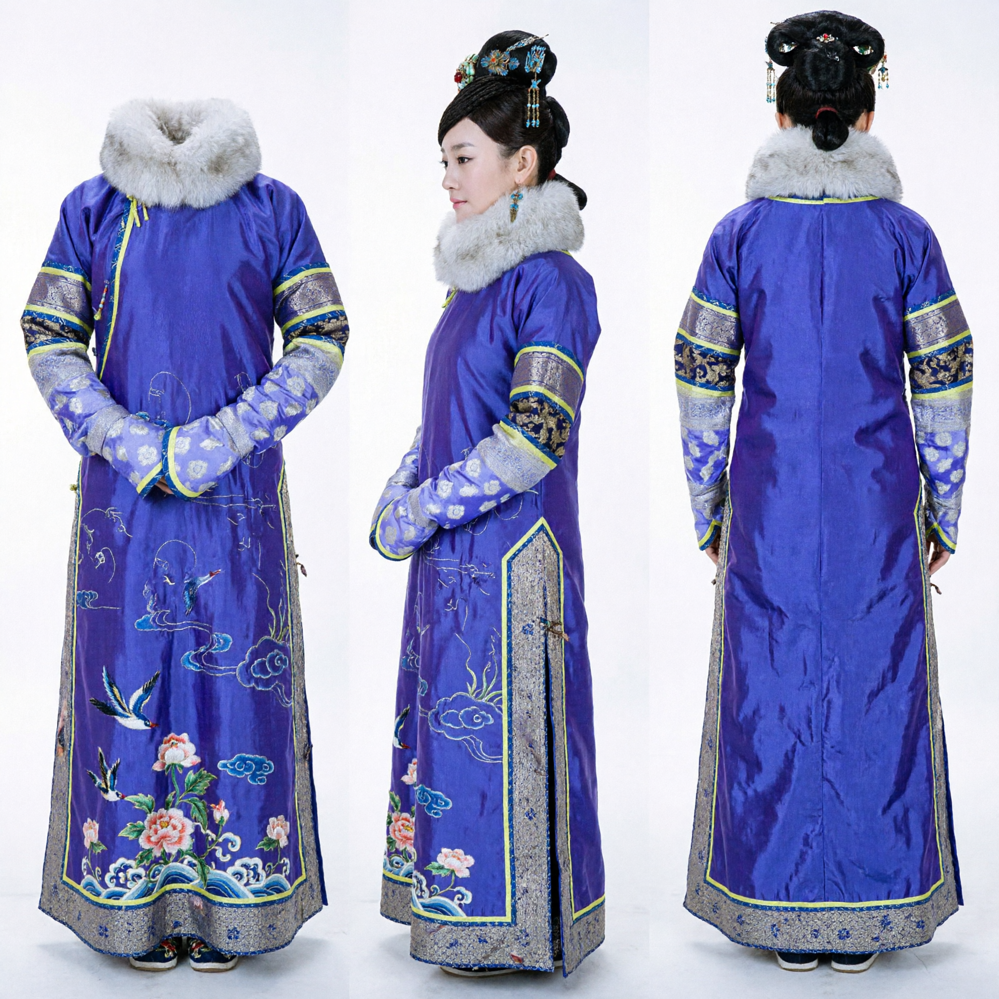 Traditional Chinese Qing Dynasty Manchu Palace Costume Blue Silk Robe with Fur Collar for Women Cosplay