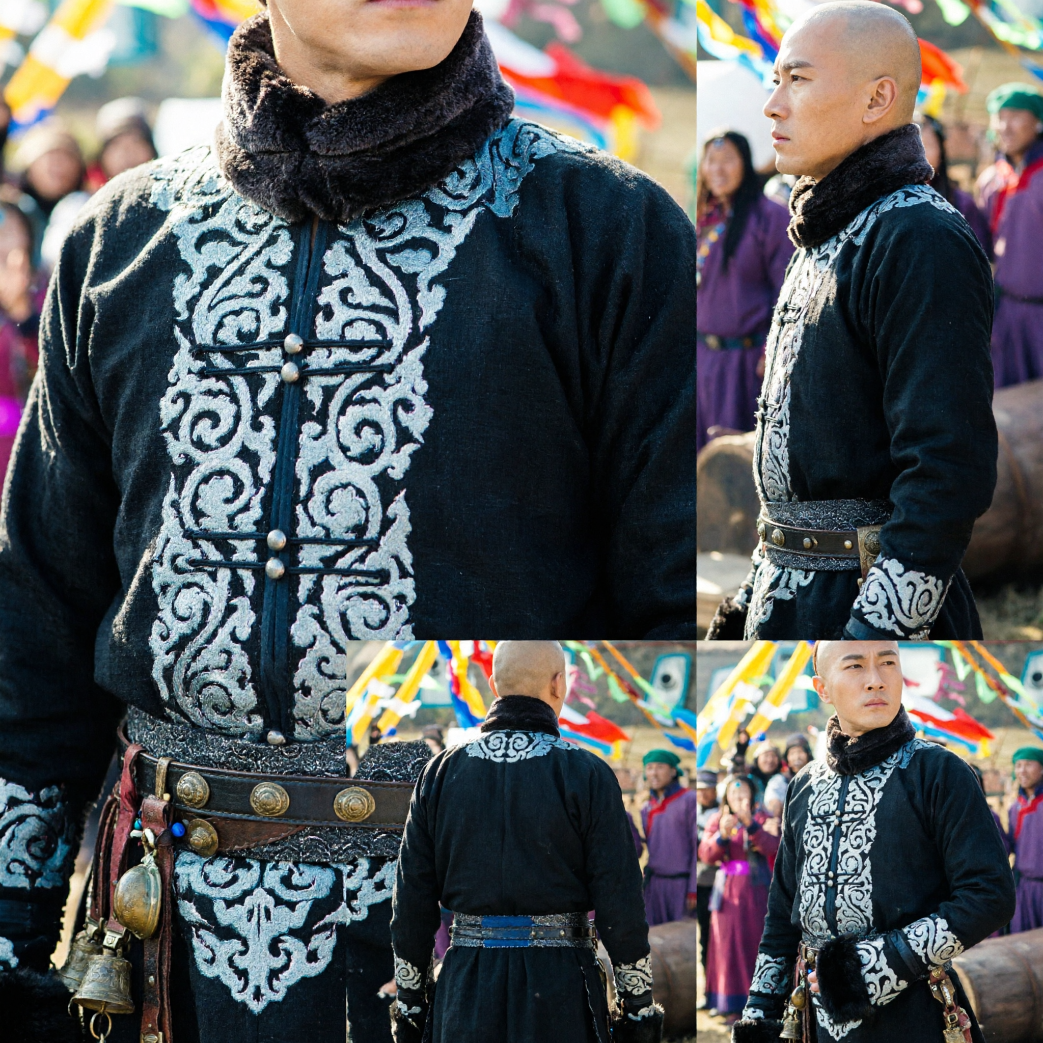 Men's Qing Dynasty Prince Robe Traditional Chinese Black Embroidered Costume with Fur Collar for Cosplay