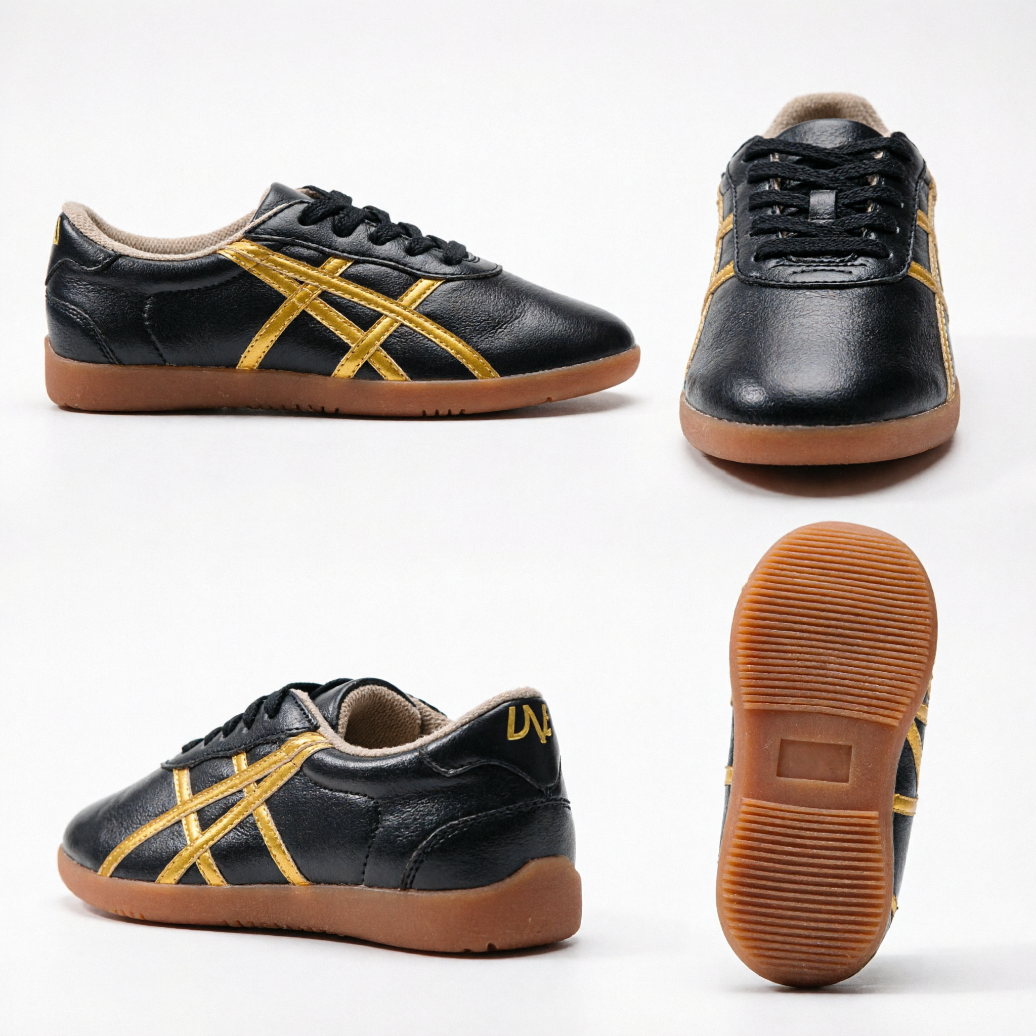 Retro Black Leather Gold Stripe Kung Fu Shoes Traditional Tai Chi Martial Arts Sneakers for Men and Women